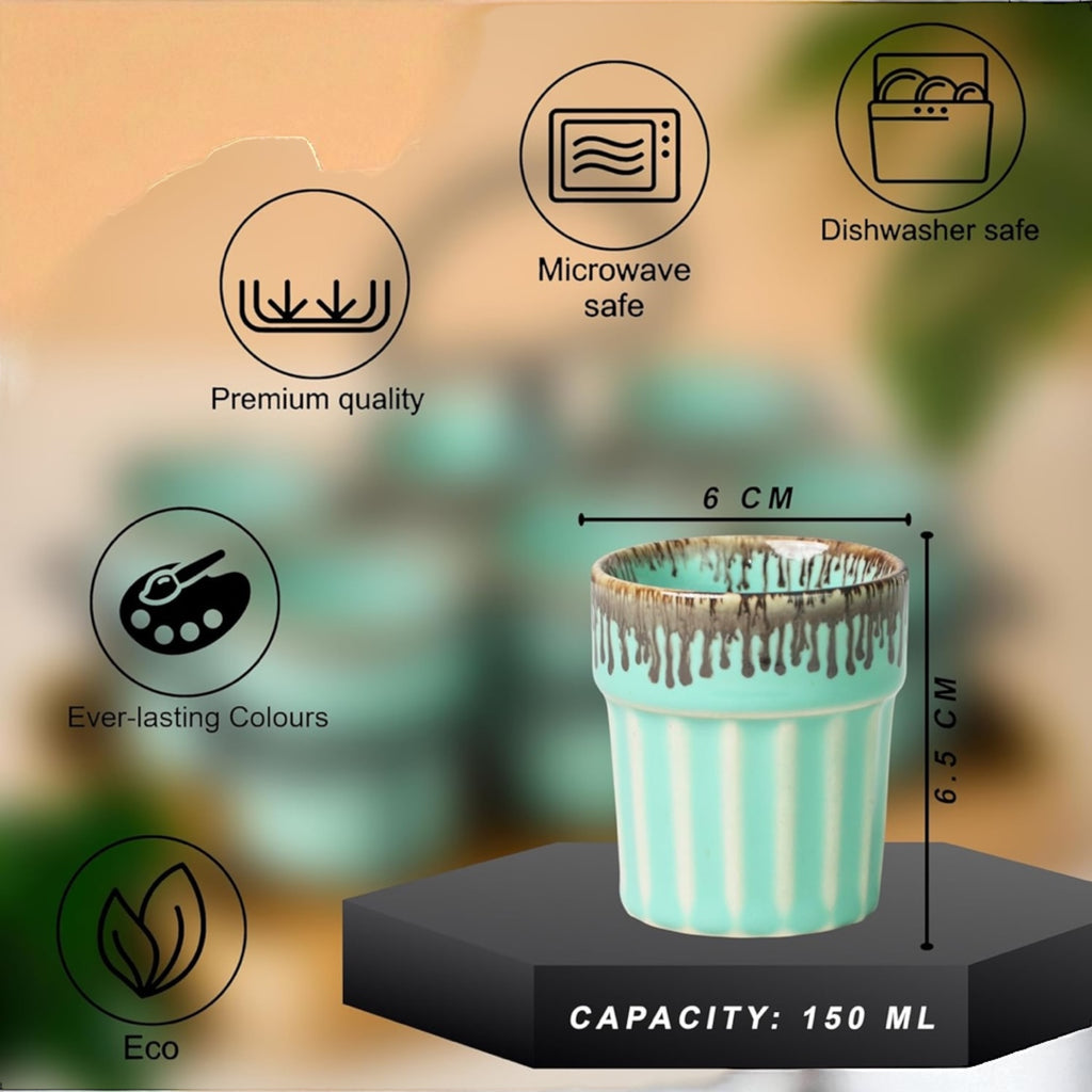 SOULCRAFTZ Dual Glazed Edition Coffee & Tea Cups With Wire Holder & Elegant Studio Pottery, Set Of 6(Multicolour, 120ml)