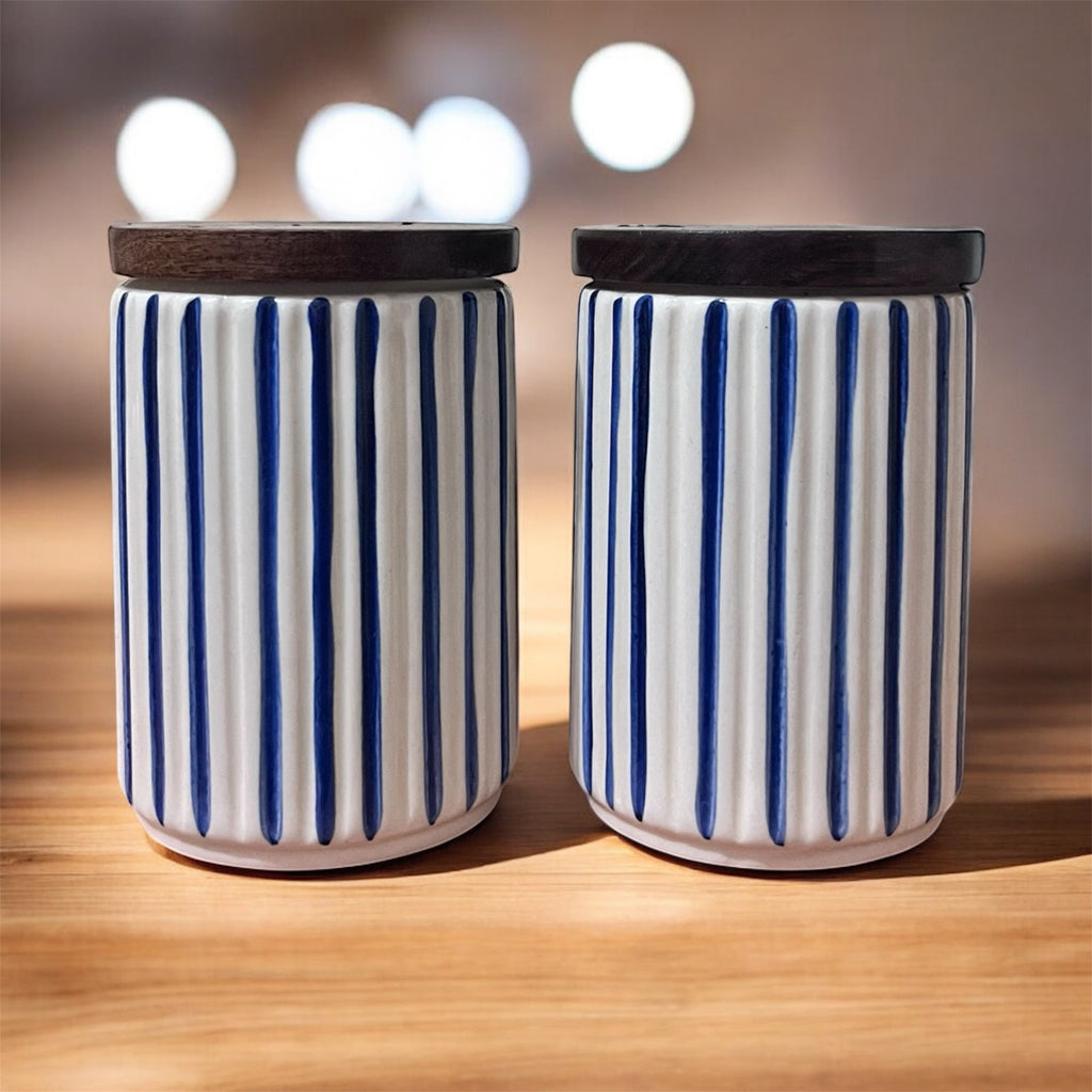 Ceramic Jars | Airtight Wooden Lid | 720ML | Set of 2 | Line Print | Kitchen Storage