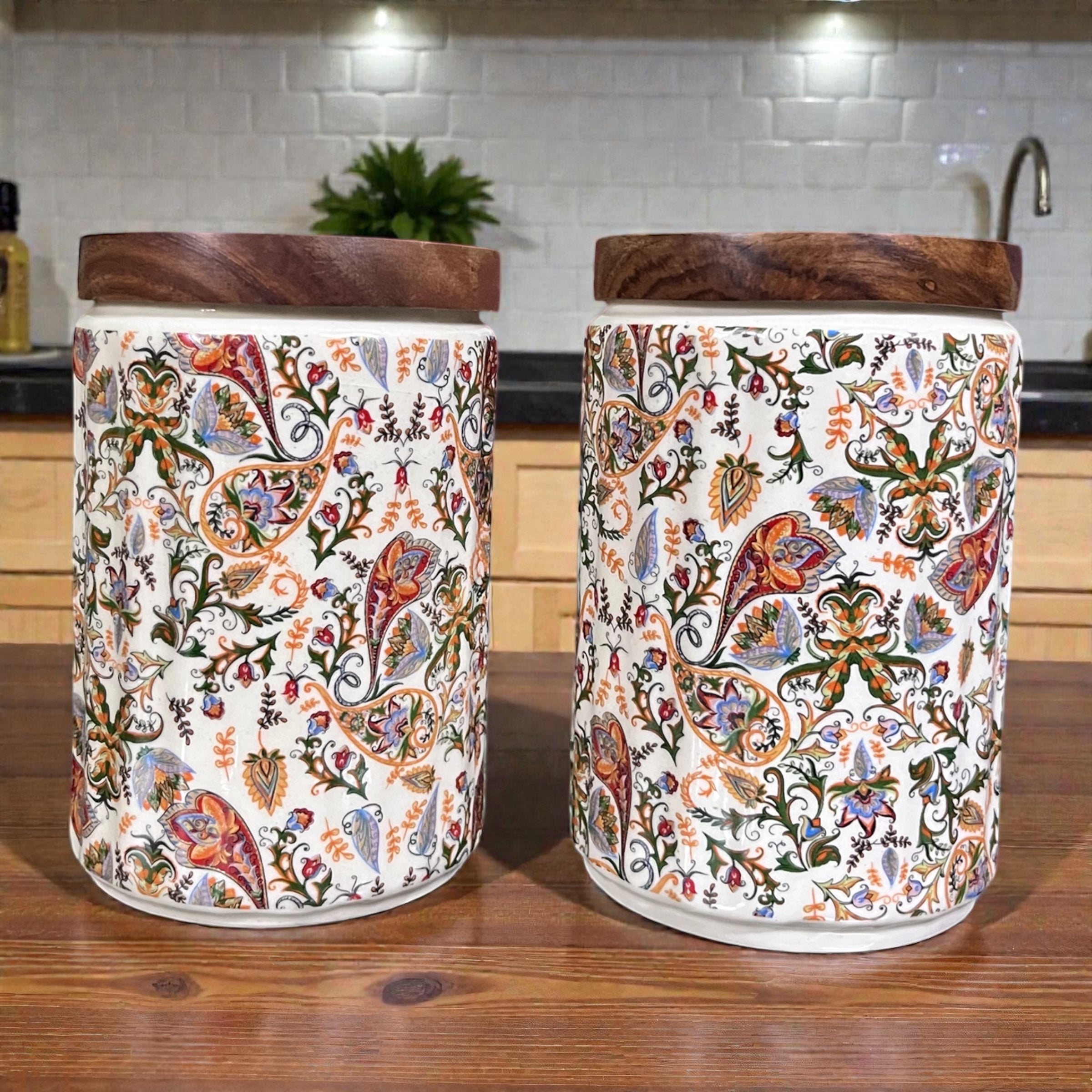 Ceramic Jars | Airtight Wooden Lid | 720ML | Set of 2 | Floral Print | Kitchen Storage