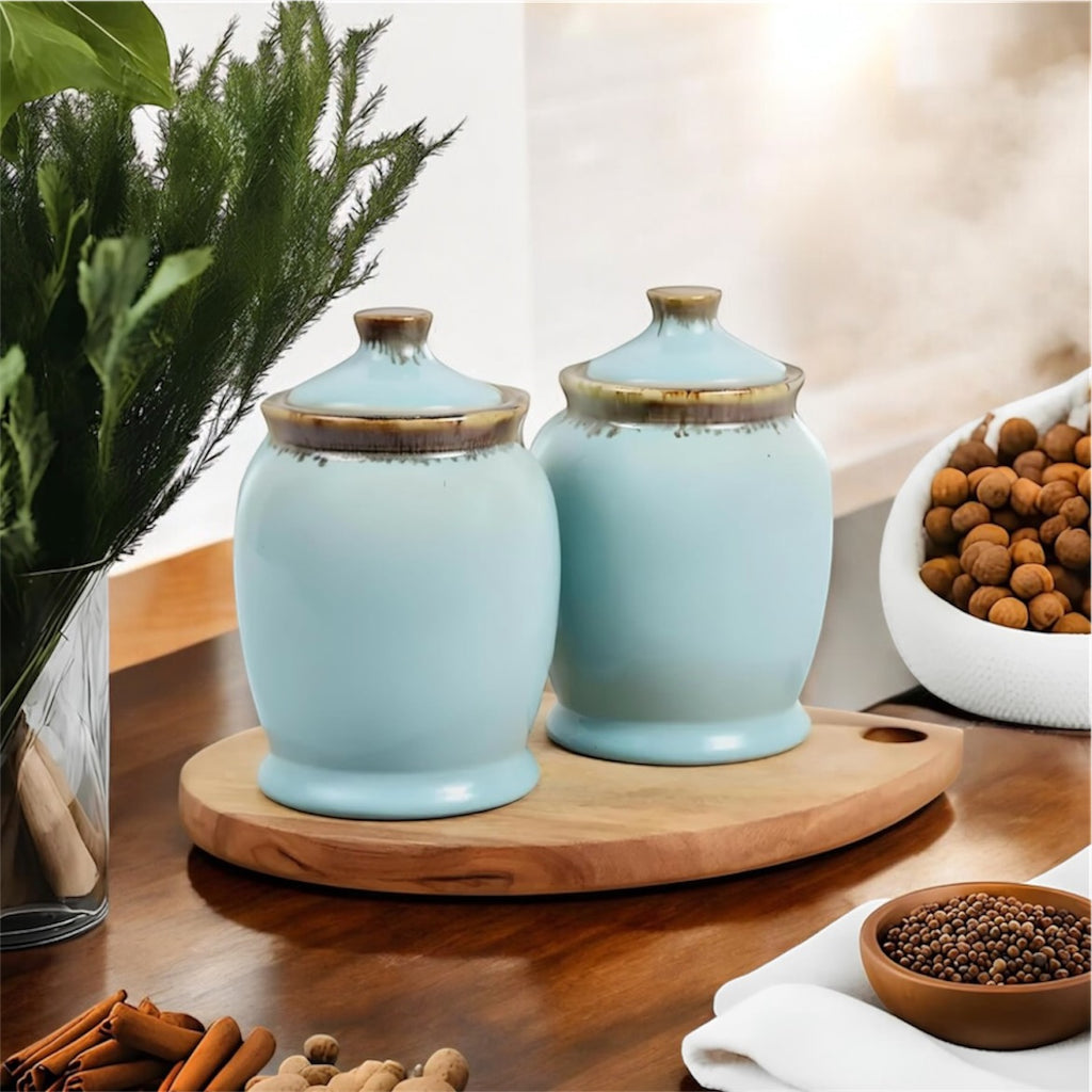 SOULCRAFTZ Exclusive Studio Pottery Ceramic Jar Barni Canister For Kitchen Storage Pickle Sugar Tea Pulses etc (1000ML, Set of 2) (Dual Glazed)