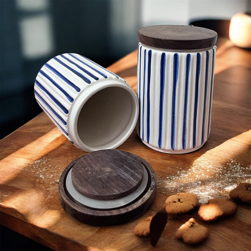 Ceramic Jars | Airtight Wooden Lid | 720ML | Set of 2 | Line Print | Kitchen Storage