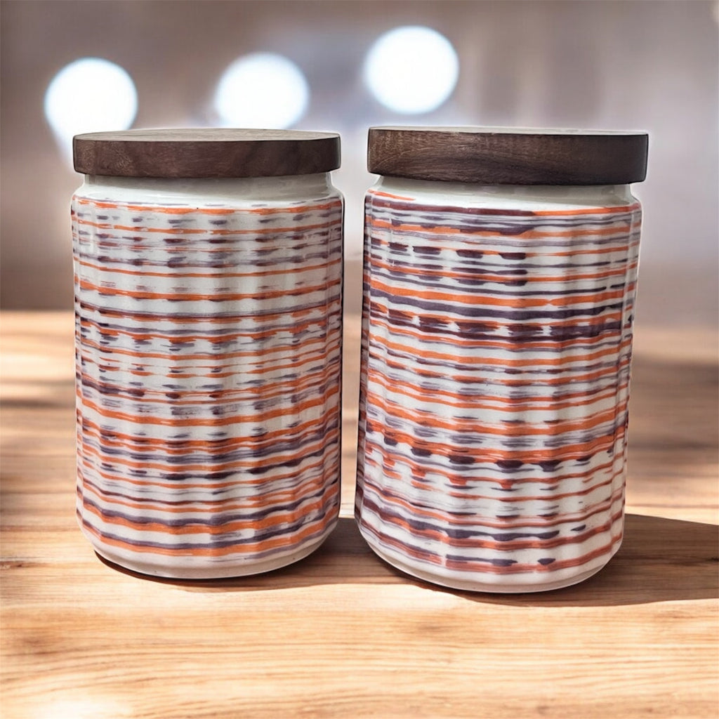 Ceramic Jars | Airtight Wooden Lid | 720ML | Set of 2 | Line Print | Kitchen Storage