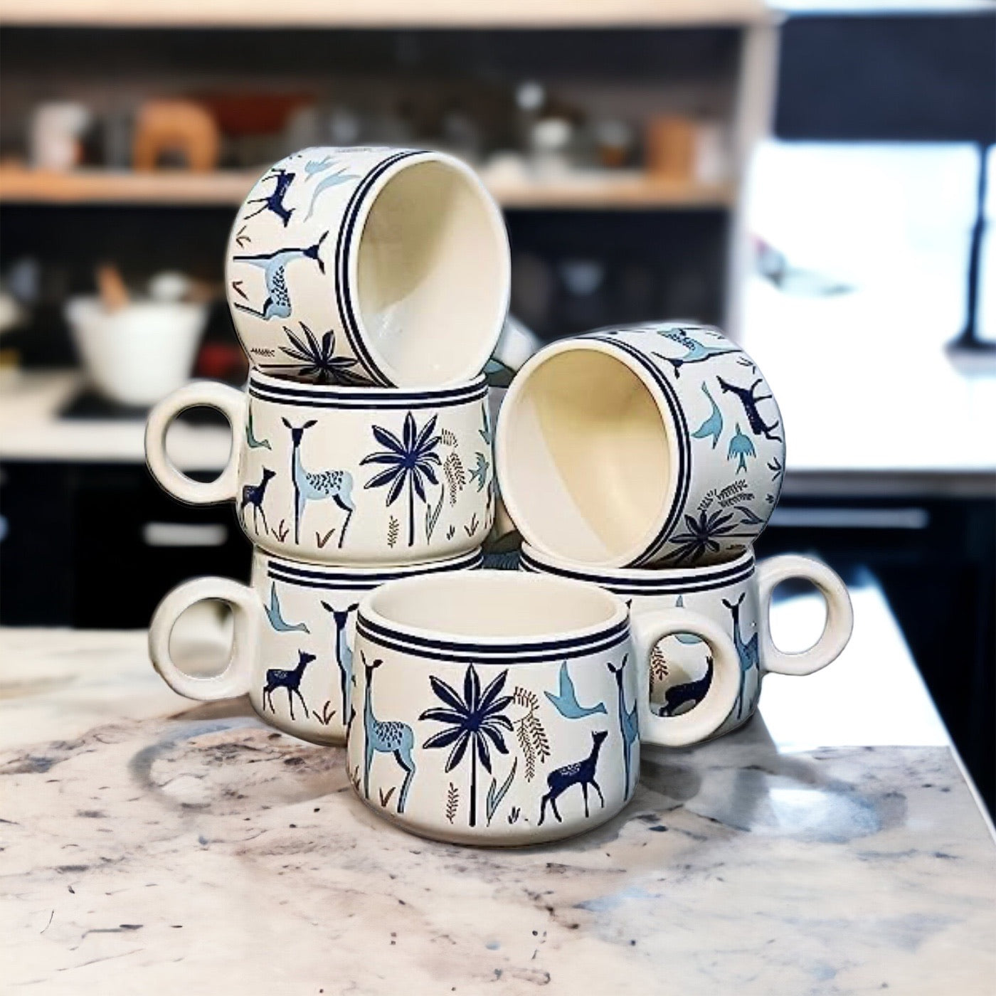 SOULCRAFTZ Adventure Edition Coffee & Tea Cups With Modern Art Work Of Alive Deer And Floral Print, Set Of 6(White, 150ml)