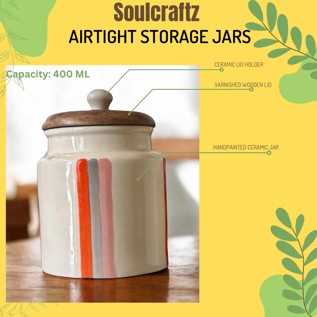 SOULCRAFTZ Handpainted Ceramic Jars with Airtight Wooden Lid | Kitchen Storage | Multipurpose Barni | Pickle jar Storage Container | Dining Table Container | 450ML | Set of 2