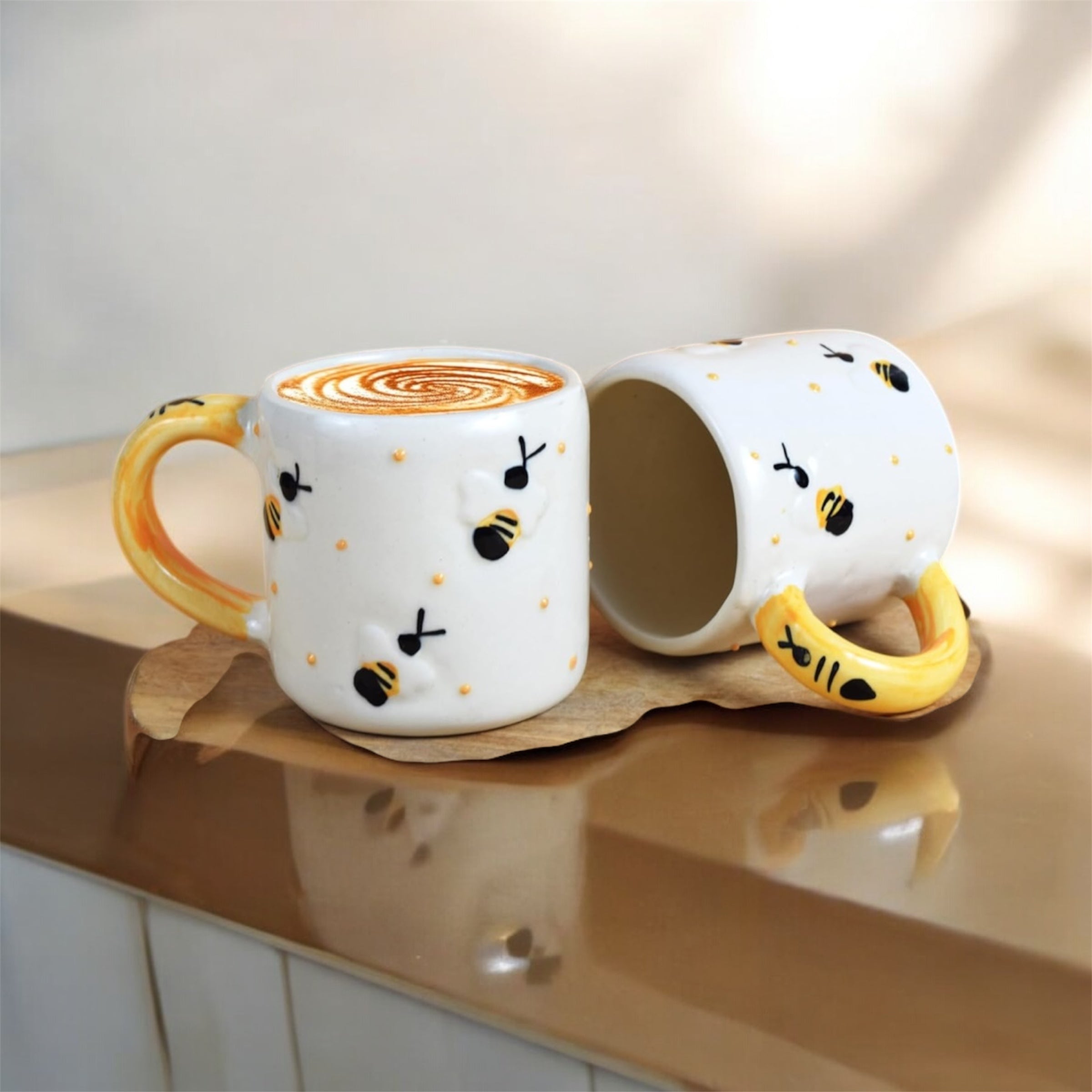 SOULCRAFTZ Bee Mug Yellow Ceramic Serving Tea, Coffee Mug | Ideal for Latte, Cappuccino, Green Tea, Hot Chocolate, and Milk | 300 ml | Set of 2