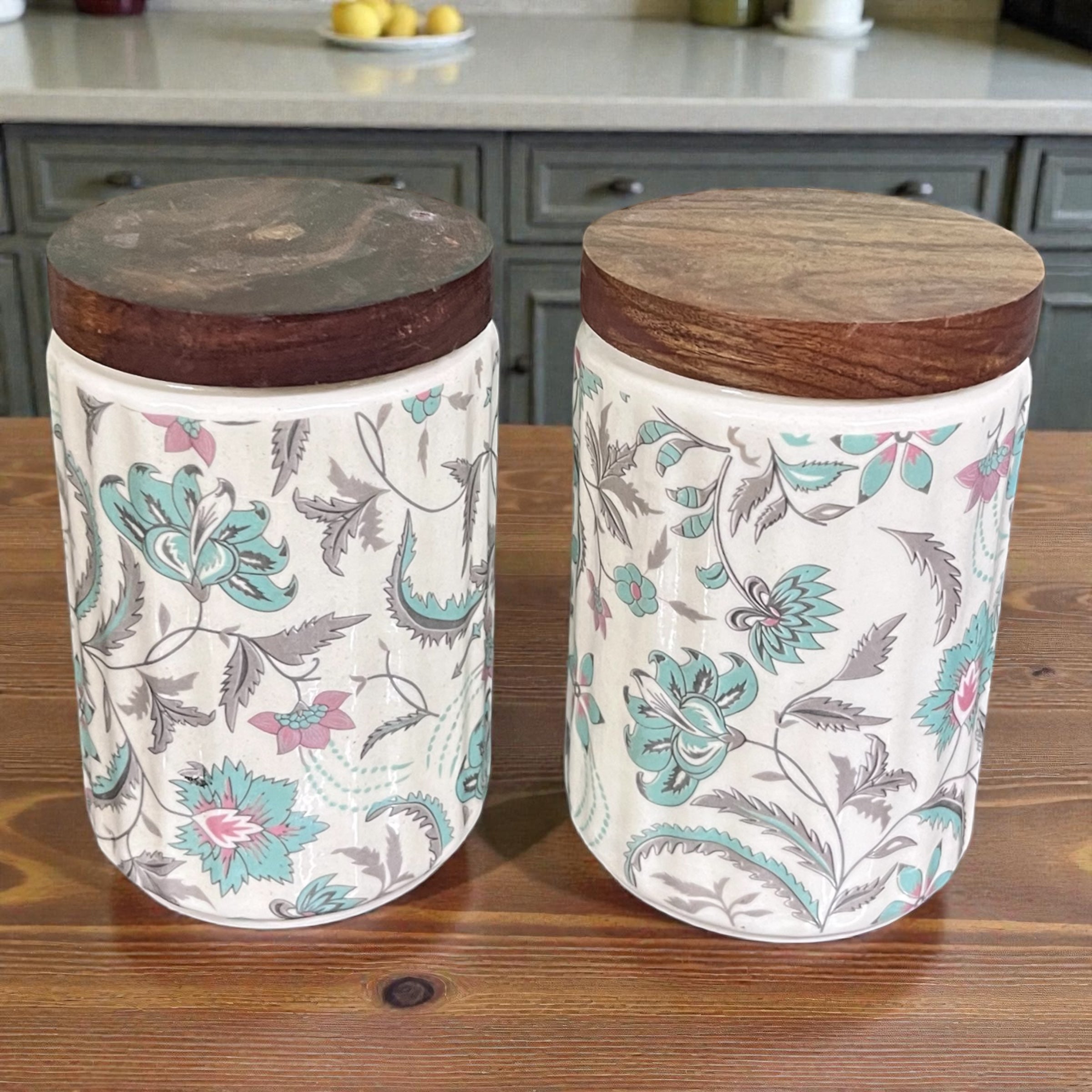 Ceramic Jars | Airtight Wooden Lid | 720ML | Set of 2 | Floral Print | Kitchen Storage