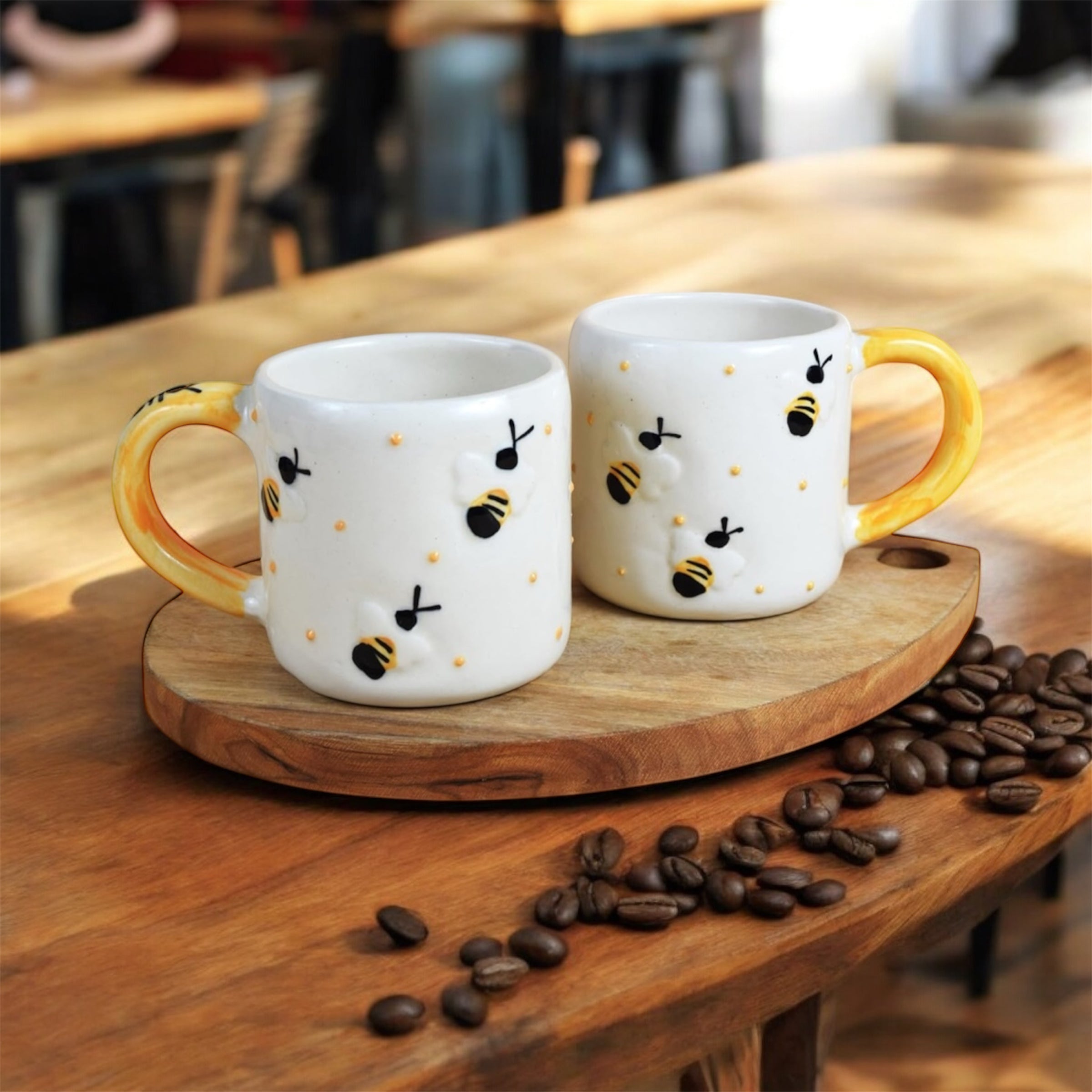 SOULCRAFTZ Bee Mug Yellow Ceramic Serving Tea, Coffee Mug | Ideal for Latte, Cappuccino, Green Tea, Hot Chocolate, and Milk | 300 ml | Set of 2