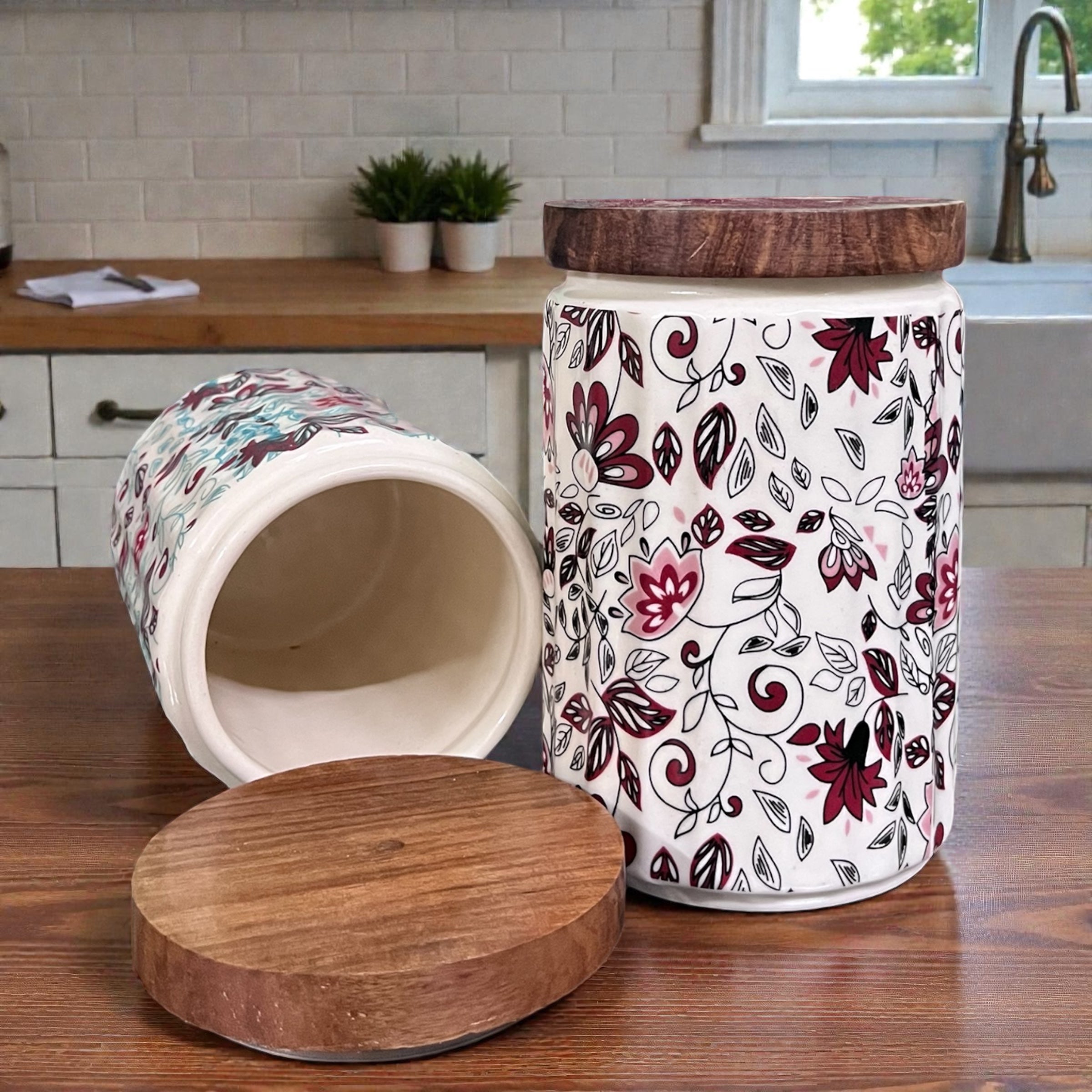 Ceramic Jars | Airtight Wooden Lid | 720ML | Set of 2 | Floral Print | Kitchen Storage