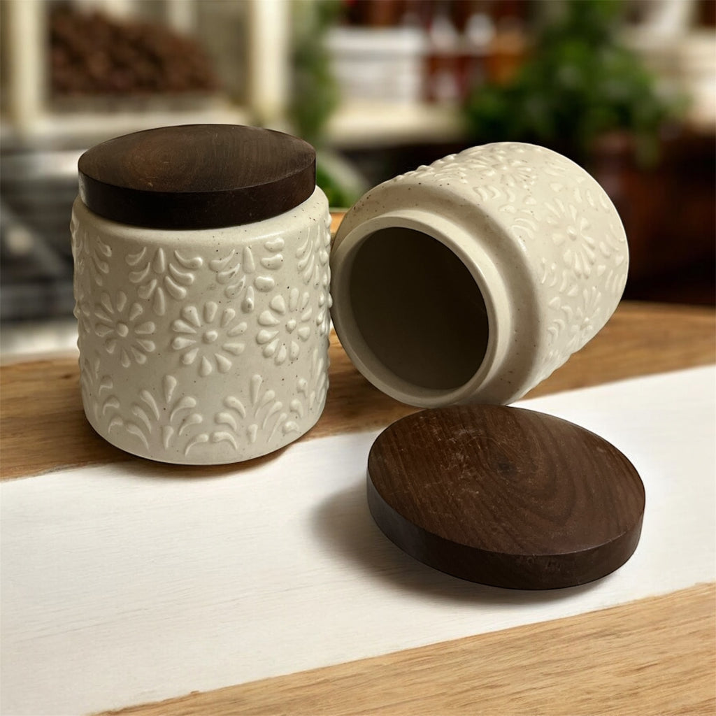 Ceramic Jars | Airtight Wooden Lid | 400ML | Set of 2 | Kitchen Storage