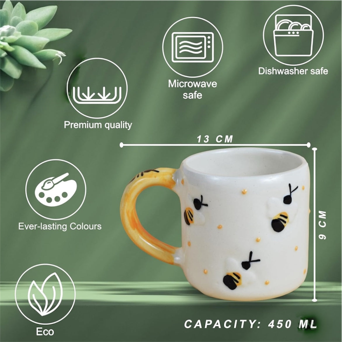 SOULCRAFTZ Bee Mug Yellow Ceramic Serving Tea, Coffee Mug | Ideal for Latte, Cappuccino, Green Tea, Hot Chocolate, and Milk | 300 ml | Set of 2