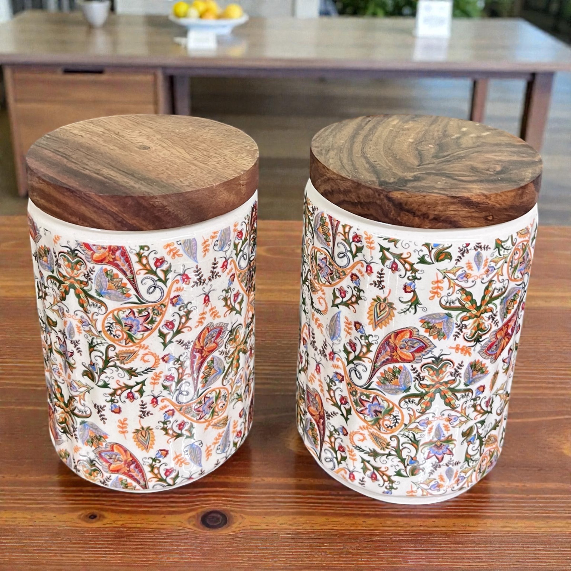 Ceramic Jars | Airtight Wooden Lid | 720ML | Set of 2 | Floral Print | Kitchen Storage