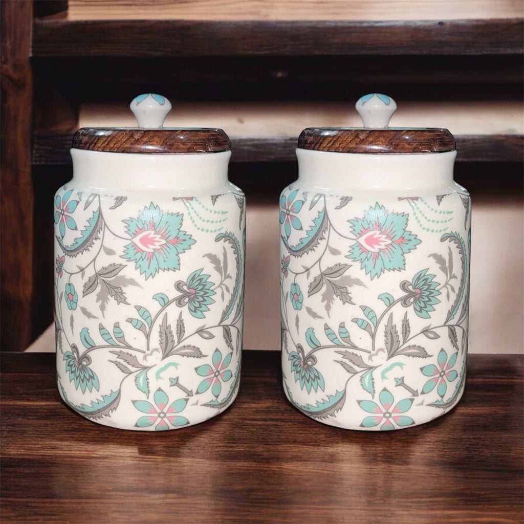 SOULCRAFTZ Handcrafted Ceramic Jars with Airtight Wooden Lid | Kitchen Storage | Multipurpose Barni | Pickle jar Storage Container | Dining Table Container | 900ML | Matte Finish | Floral Pattern| Set of 2
