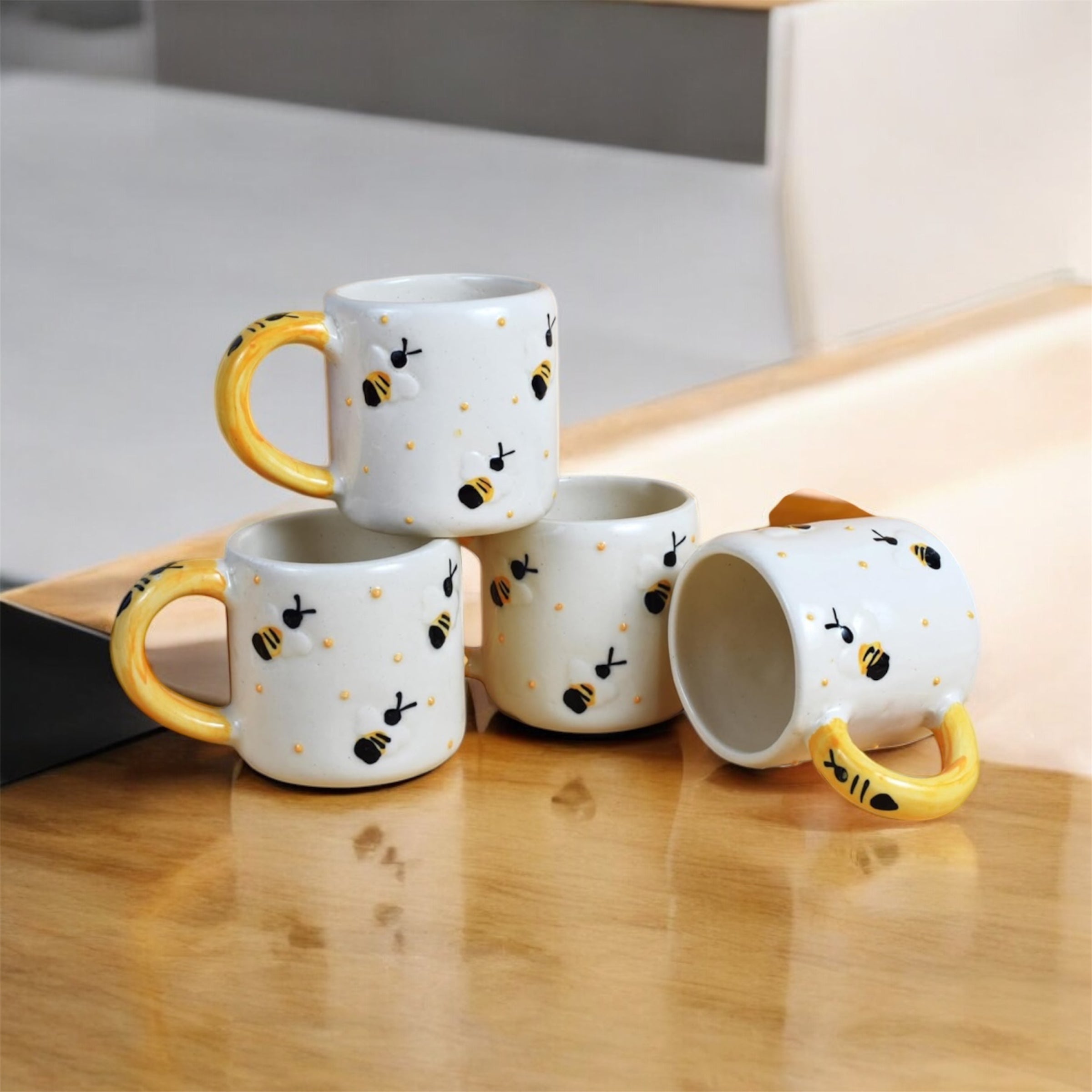 SOULCRAFTZ Bee Mug Yellow Ceramic Serving Tea, Coffee Mug | Ideal for Latte, Cappuccino, Green Tea, Hot Chocolate, and Milk | 300 ml | Set of 2