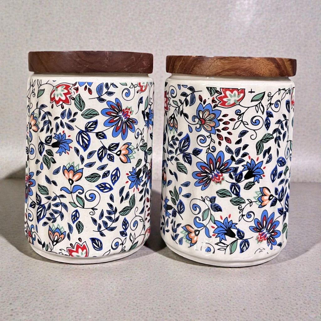 Ceramic Jars | Airtight Wooden Lid | 720ML | Set of 2 | Floral Print | Kitchen Storage