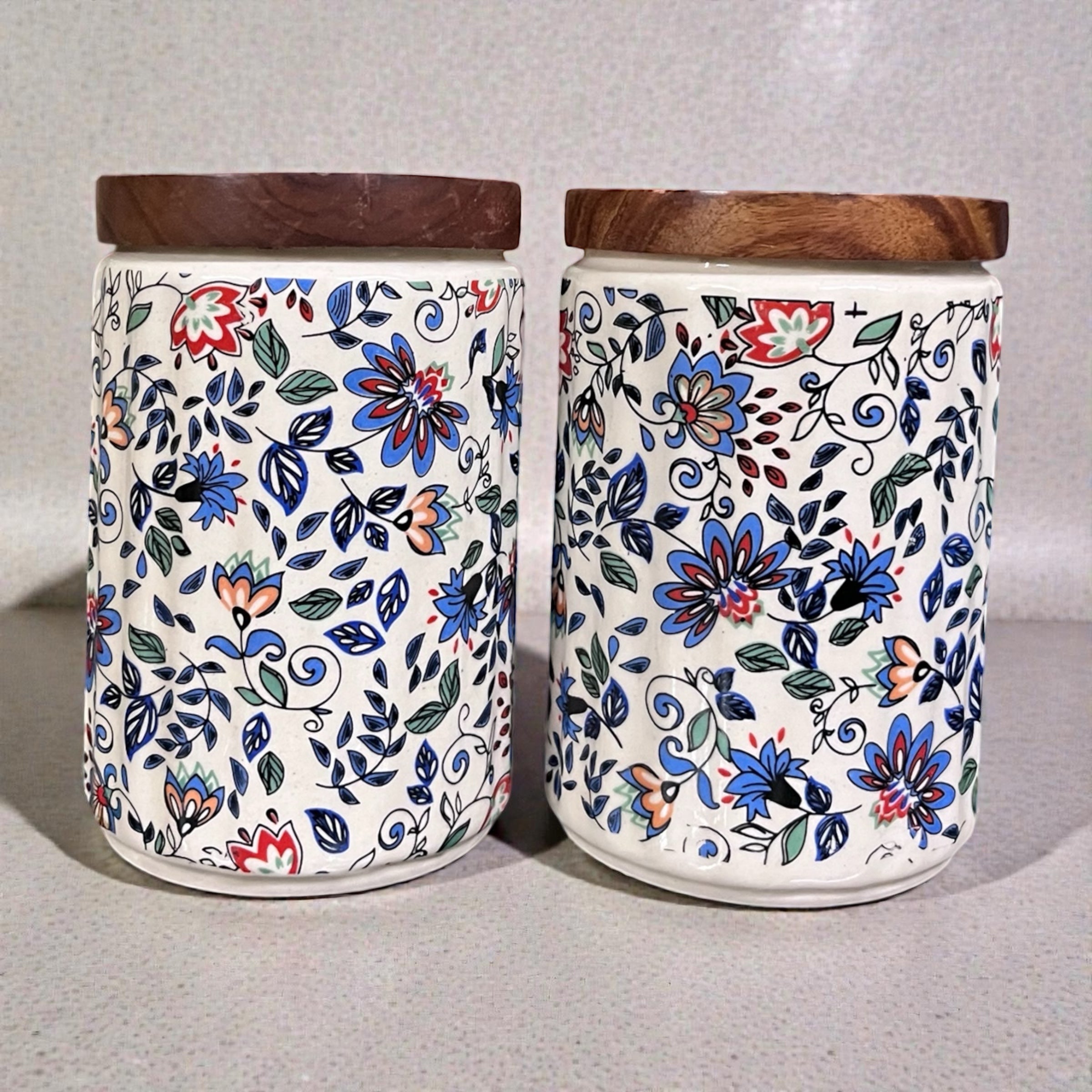 Ceramic Jars | Airtight Wooden Lid | 720ML | Set of 2 | Floral Print | Kitchen Storage