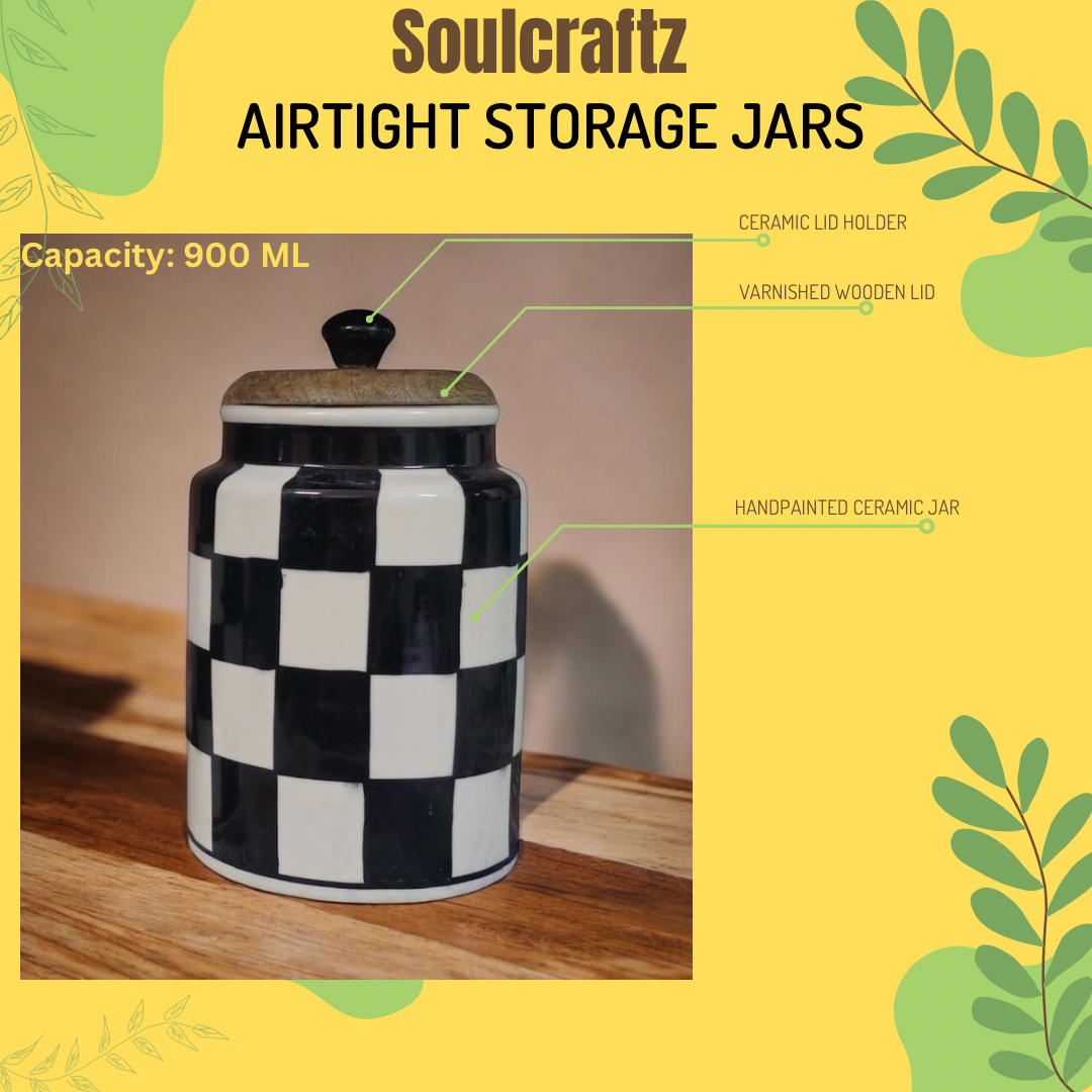 SOULCRAFTZ Handpainted Ceramic Jars with Airtight Wooden Lid | Kitchen Storage | Multipurpose Barni | Pickle jar Storage Container | Dining Table Container | 900ML | Set of 2