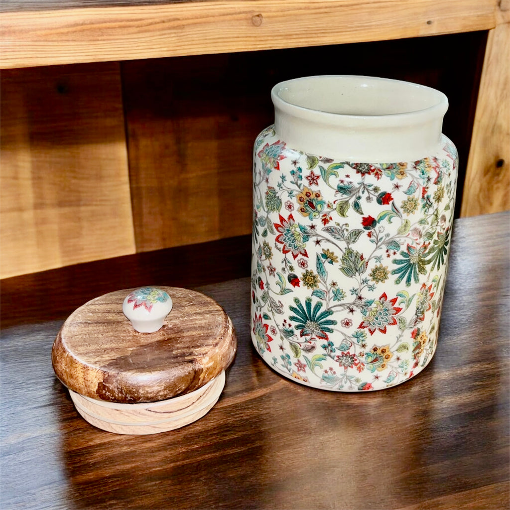 SOULCRAFTZ Handcrafted Ceramic Jars with Airtight Wooden Lid | Kitchen Storage | Multipurpose Barni | Pickle jar Storage Container | Dining Table Container | 900ML | Matte Finish | Floral Pattern| Set of 2