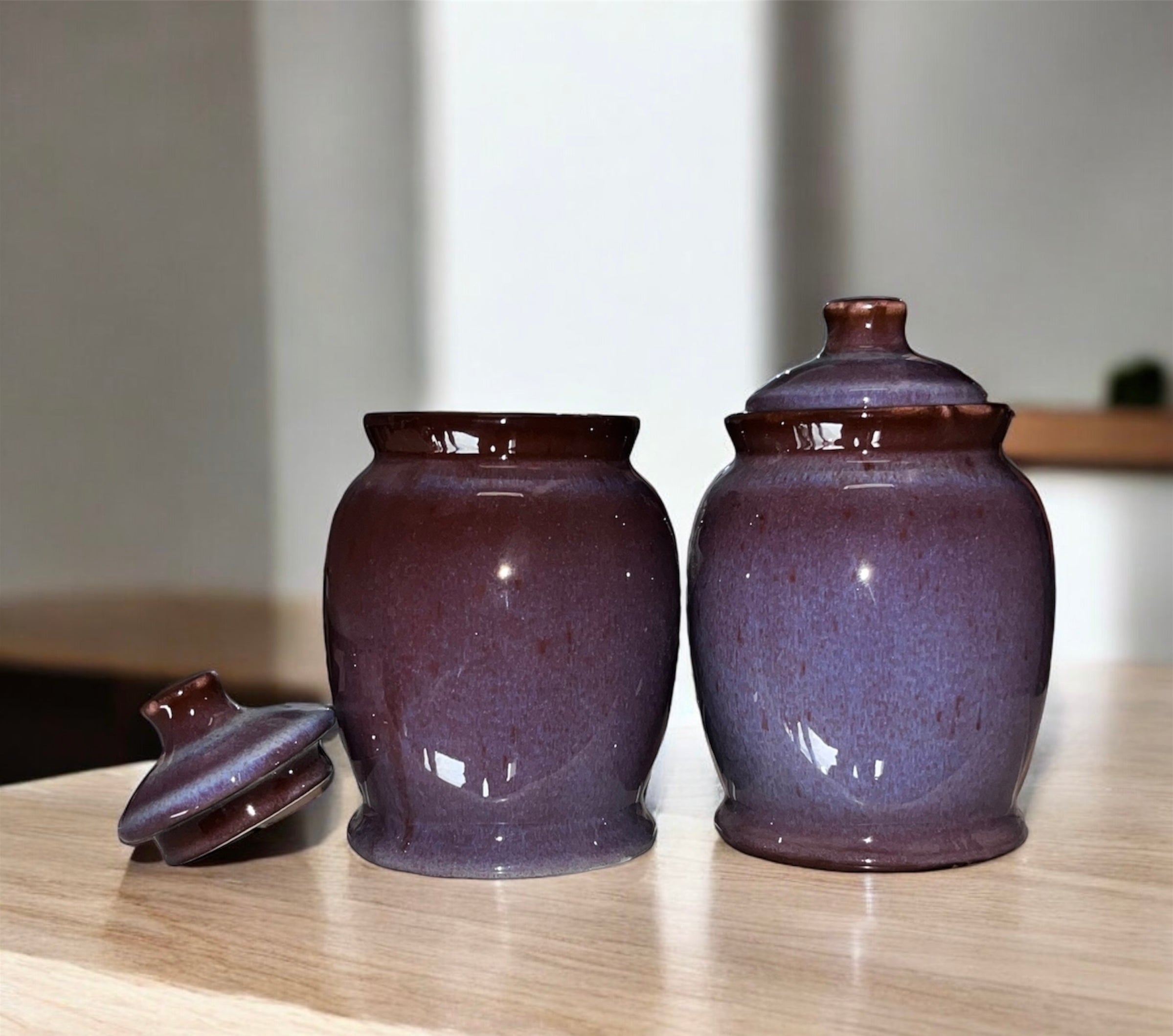 SOULCRAFTZ Exclusive Studio Pottery Ceramic Jar Barni Canister For Kitchen Storage Pickle Sugar Tea Pulses etc (1000ML, Set of 2) (Dual Glazed)