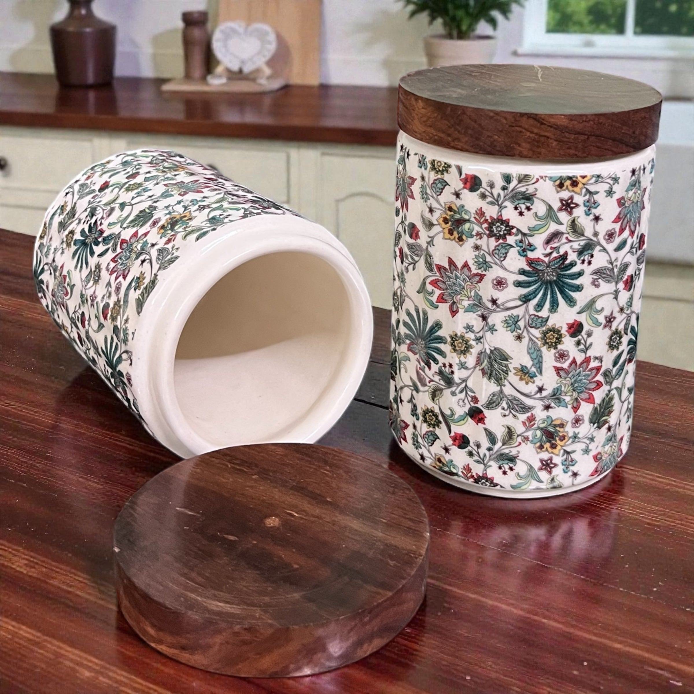 Ceramic Jars | Airtight Wooden Lid | 720ML | Set of 2 | Floral Print | Kitchen Storage