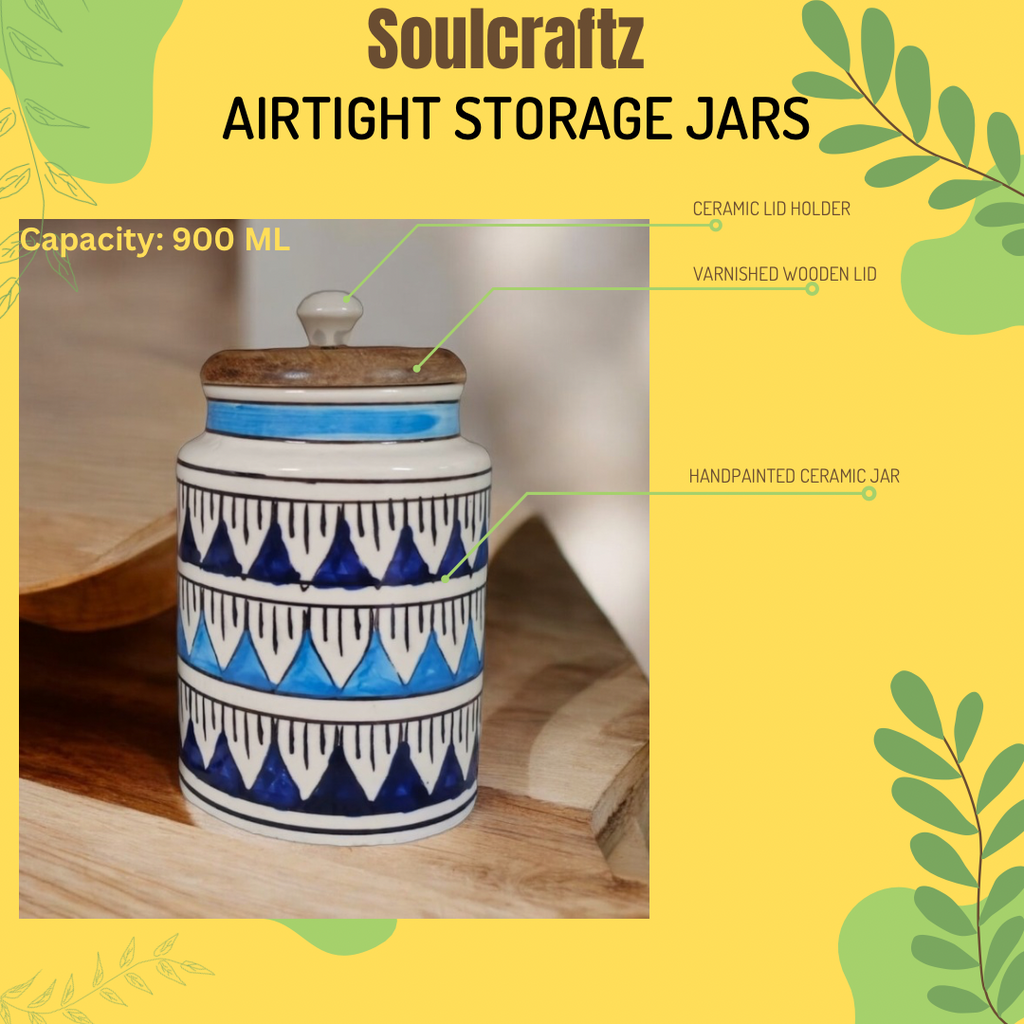 SOULCRAFTZ Handpainted Ceramic Jars with Airtight Wooden Lid | Kitchen Storage | Multipurpose Barni | Pickle jar Storage Container | Dining Table Container | 900ML | Set of 2