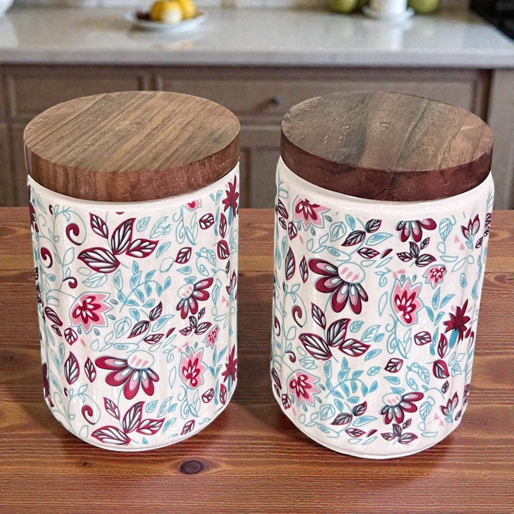Ceramic Jars | Airtight Wooden Lid | 720ML | Set of 2 | Floral Print | Kitchen Storage