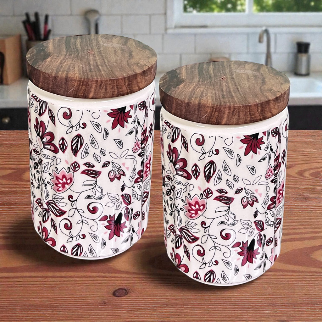 Ceramic Jars | Airtight Wooden Lid | 720ML | Set of 2 | Floral Print | Kitchen Storage