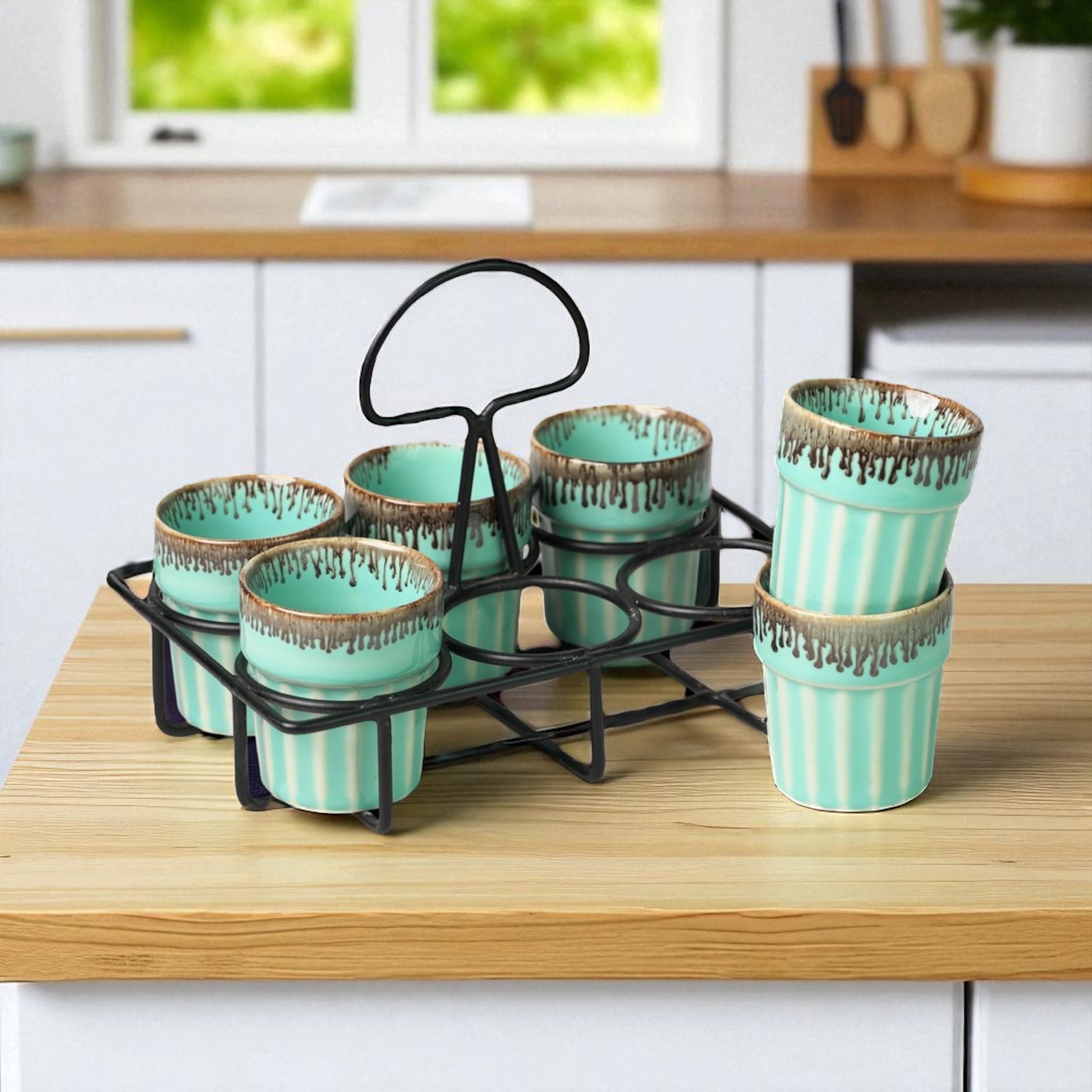 SOULCRAFTZ Dual Glazed Edition Coffee & Tea Cups With Wire Holder & Elegant Studio Pottery, Set Of 6(Multicolour, 120ml)