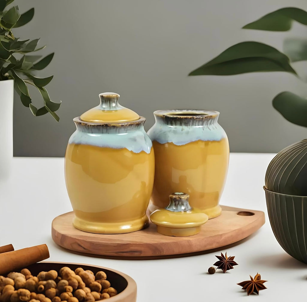 SOULCRAFTZ Exclusive Studio Pottery Ceramic Jar Barni Canister For Kitchen Storage Pickle Sugar Tea Pulses etc (1000ML, Set of 2) (Dual Glazed)