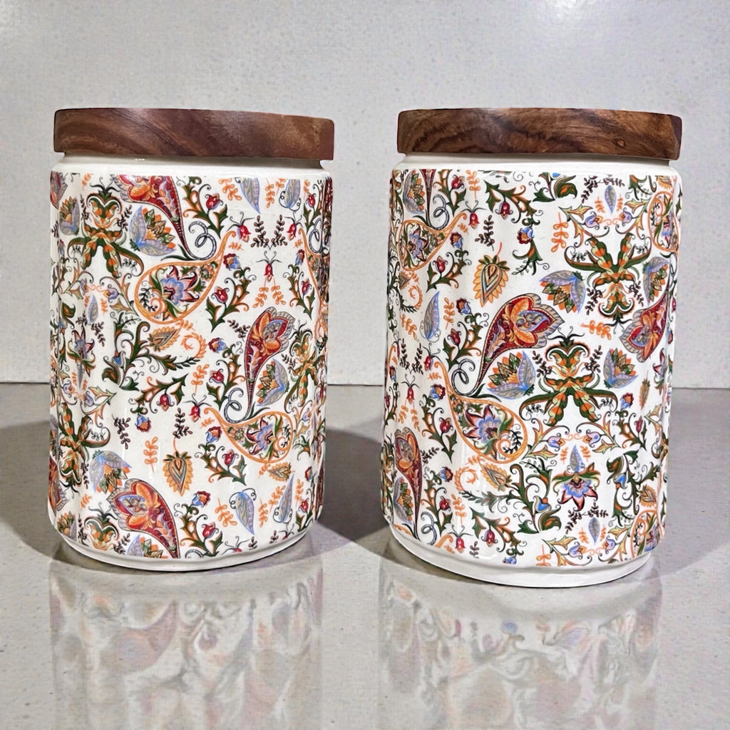 Ceramic Jars | Airtight Wooden Lid | 720ML | Set of 2 | Floral Print | Kitchen Storage