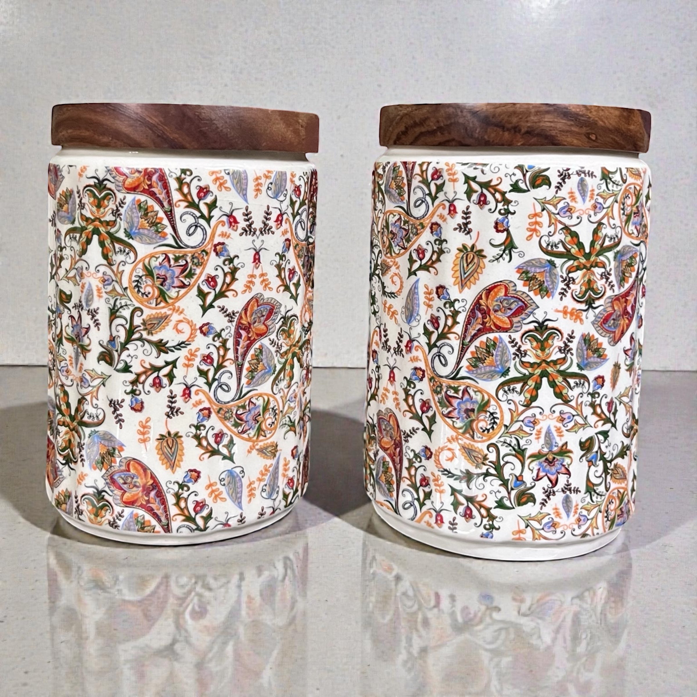 Ceramic Jars | Airtight Wooden Lid | 720ML | Set of 2 | Floral Print | Kitchen Storage