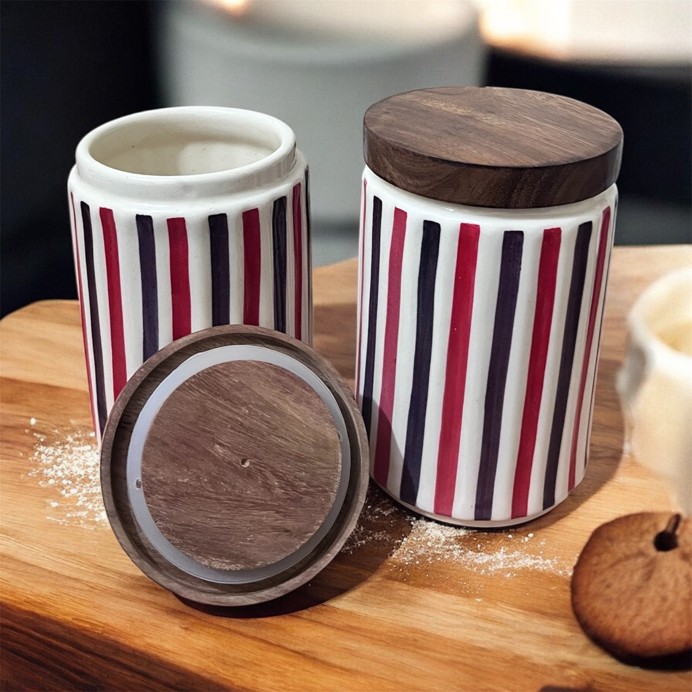 Ceramic Jars | Airtight Wooden Lid | 720ML | Set of 2 | Line Print | Kitchen Storage