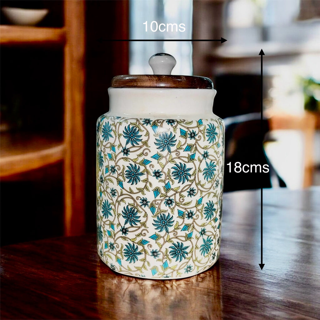 SOULCRAFTZ Handcrafted Ceramic Jars with Airtight Wooden Lid | Kitchen Storage | Multipurpose Barni | Pickle jar Storage Container | Dining Table Container | 900ML | Matte Finish | Floral Pattern| Set of 2
