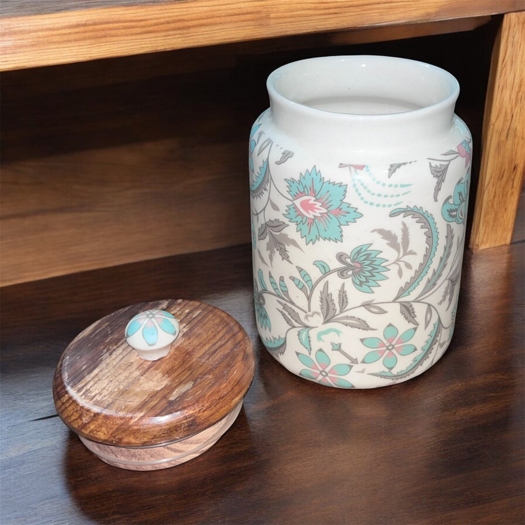 SOULCRAFTZ Handcrafted Ceramic Jars with Airtight Wooden Lid | Kitchen Storage | Multipurpose Barni | Pickle jar Storage Container | Dining Table Container | 900ML | Matte Finish | Floral Pattern| Set of 2