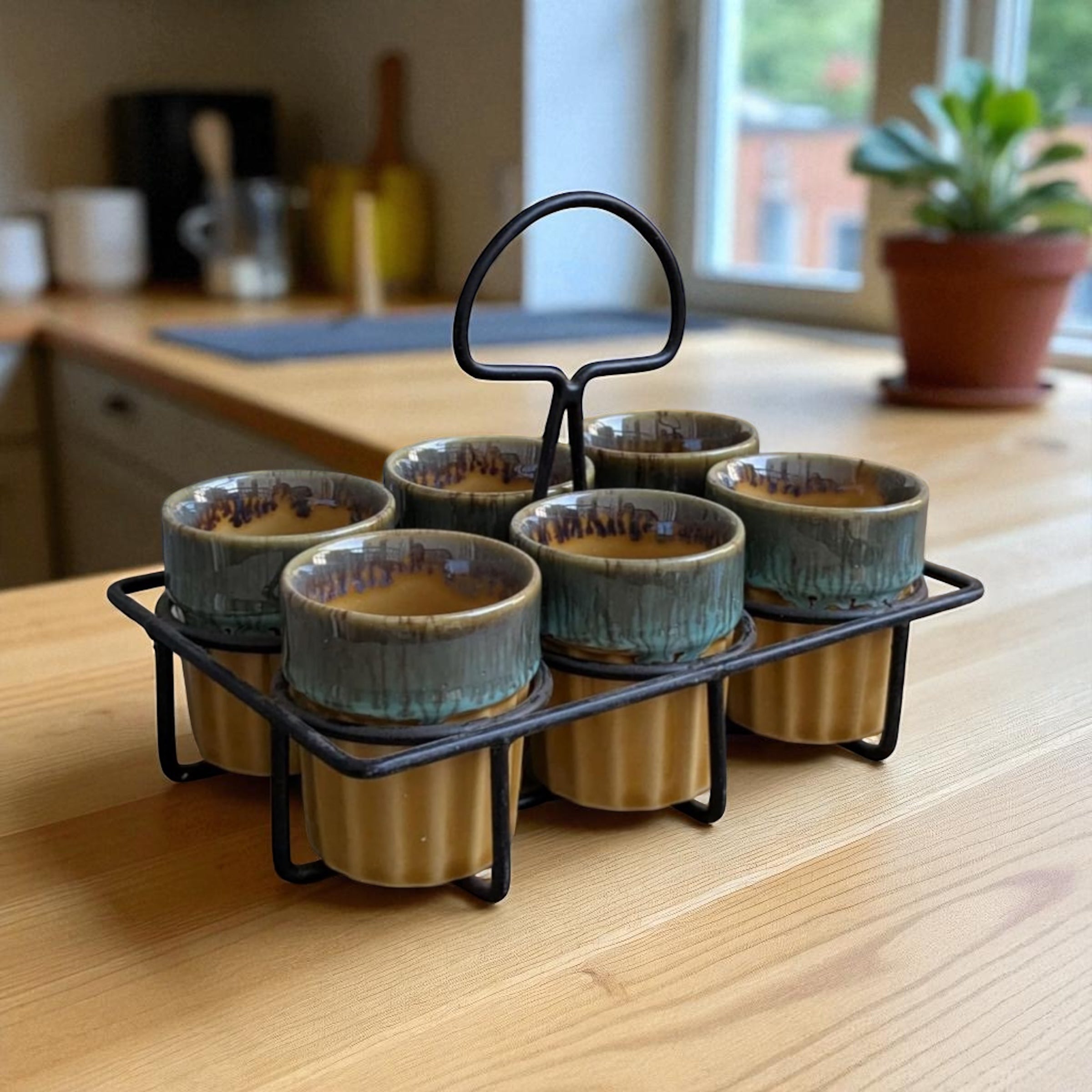 SOULCRAFTZ Dual Glazed Edition Coffee & Tea Cups With Wire Holder & Elegant Studio Pottery, Set Of 6(Multicolour, 120ml)