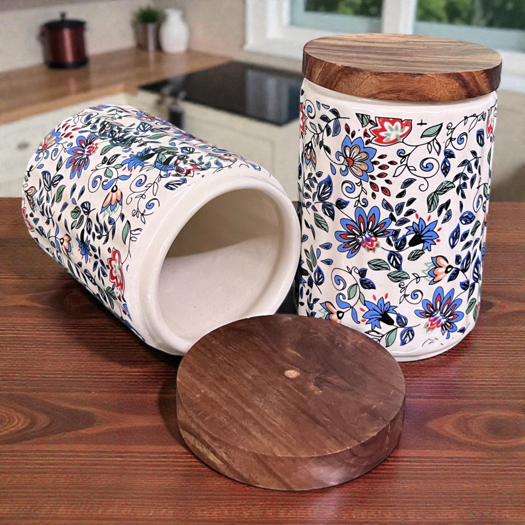 Ceramic Jars | Airtight Wooden Lid | 720ML | Set of 2 | Floral Print | Kitchen Storage