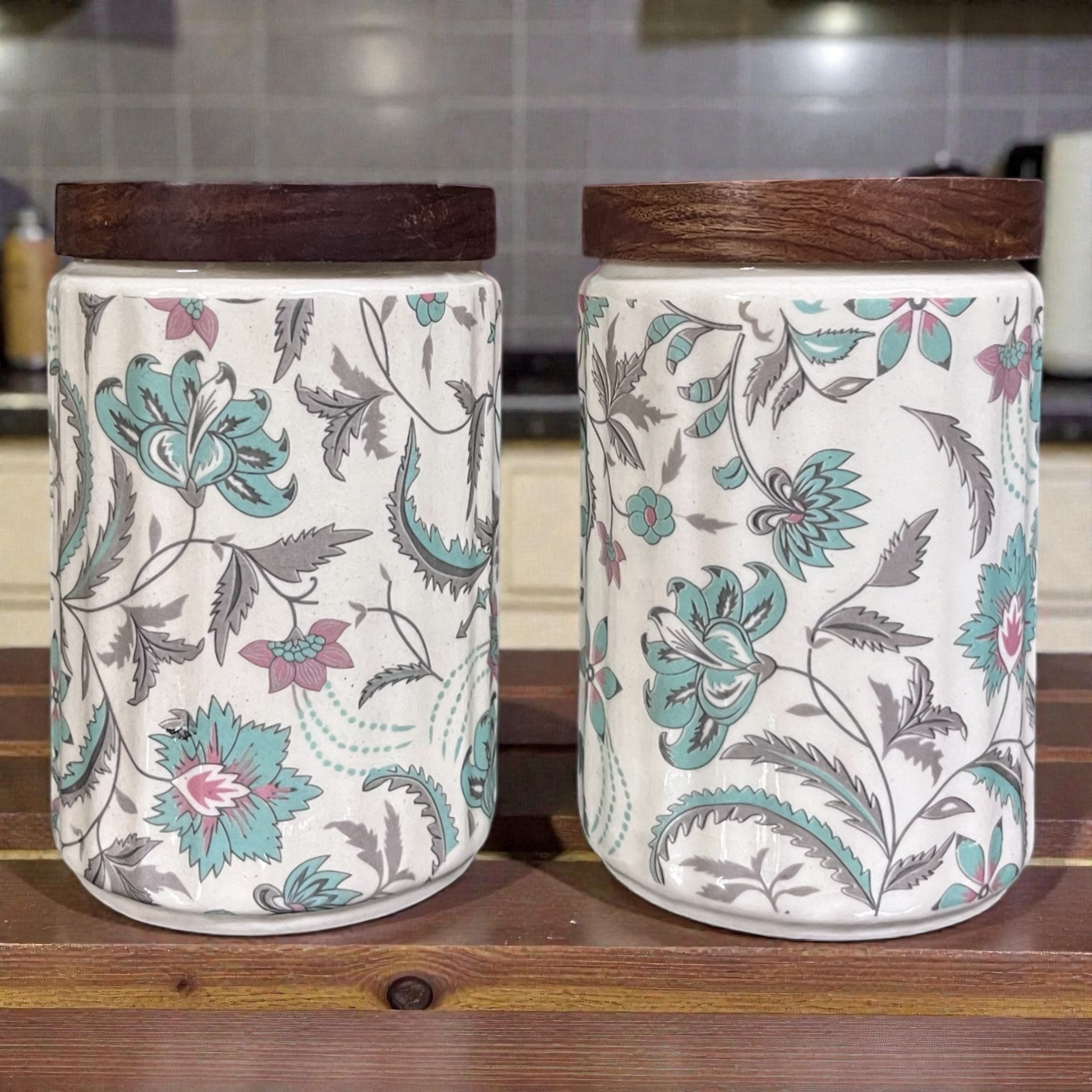 Ceramic Jars | Airtight Wooden Lid | 720ML | Set of 2 | Floral Print | Kitchen Storage