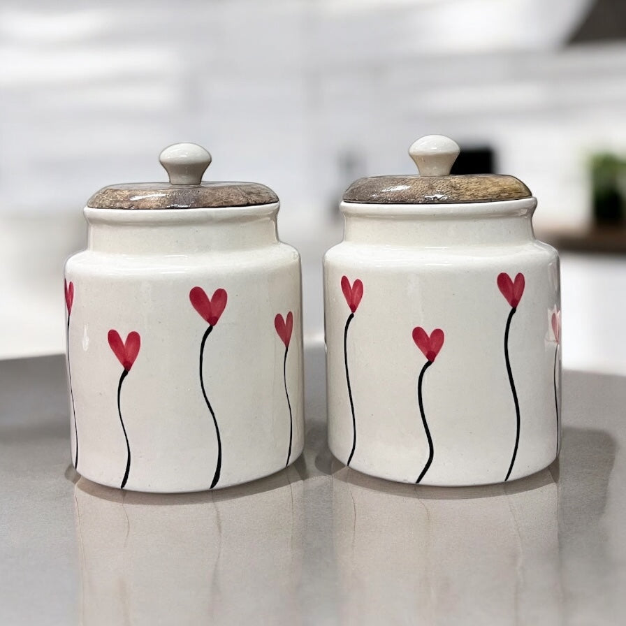 SOULCRAFTZ Handpainted Ceramic Jars with Airtight Wooden Lid | Kitchen Storage | Multipurpose Barni | Pickle jar Storage Container | Dining Table Container | 450ML | Set of 2