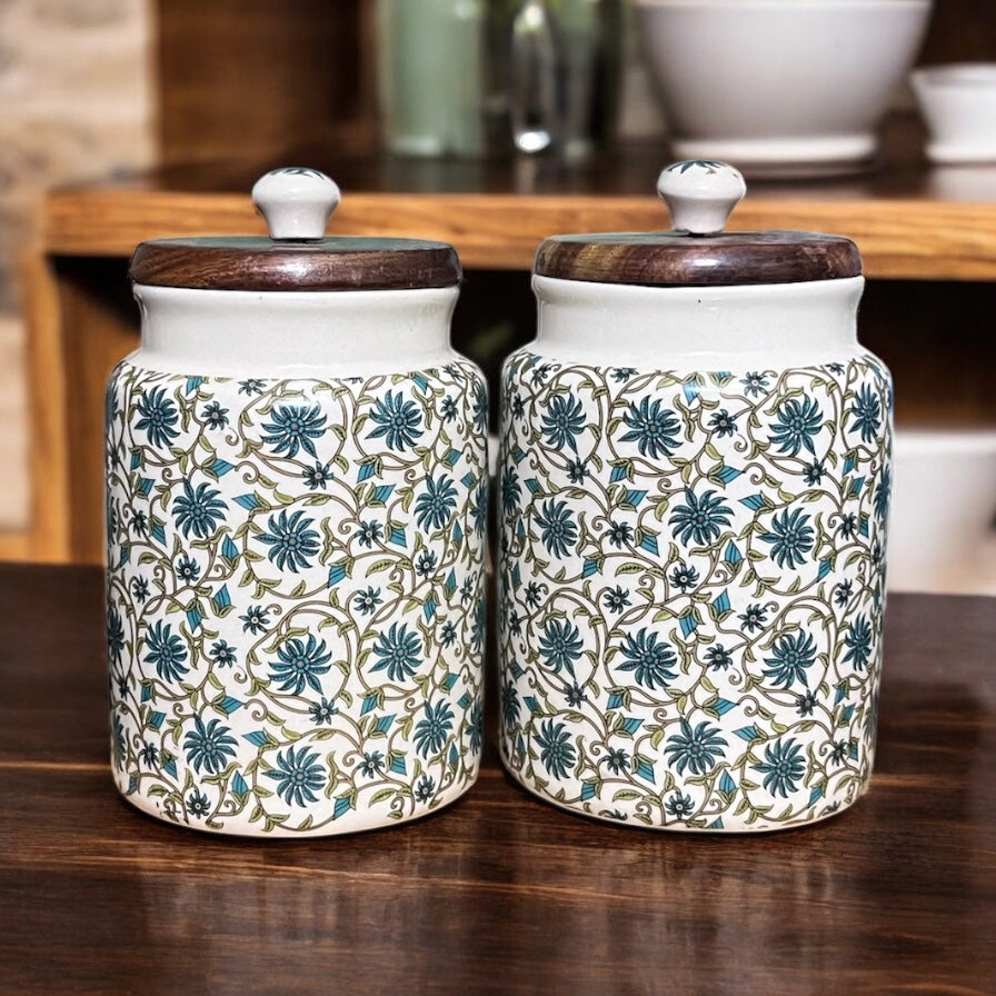 SOULCRAFTZ Handcrafted Ceramic Jars with Airtight Wooden Lid | Kitchen Storage | Multipurpose Barni | Pickle jar Storage Container | Dining Table Container | 900ML | Matte Finish | Floral Pattern| Set of 2