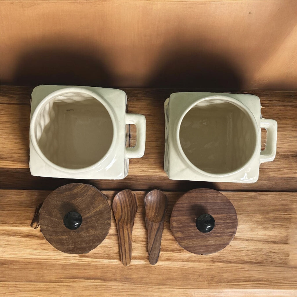 SOULCRAFTZ Embossed Ceramic Tea & Sugar Jar Set with Wooden Lid and Spoon – Square