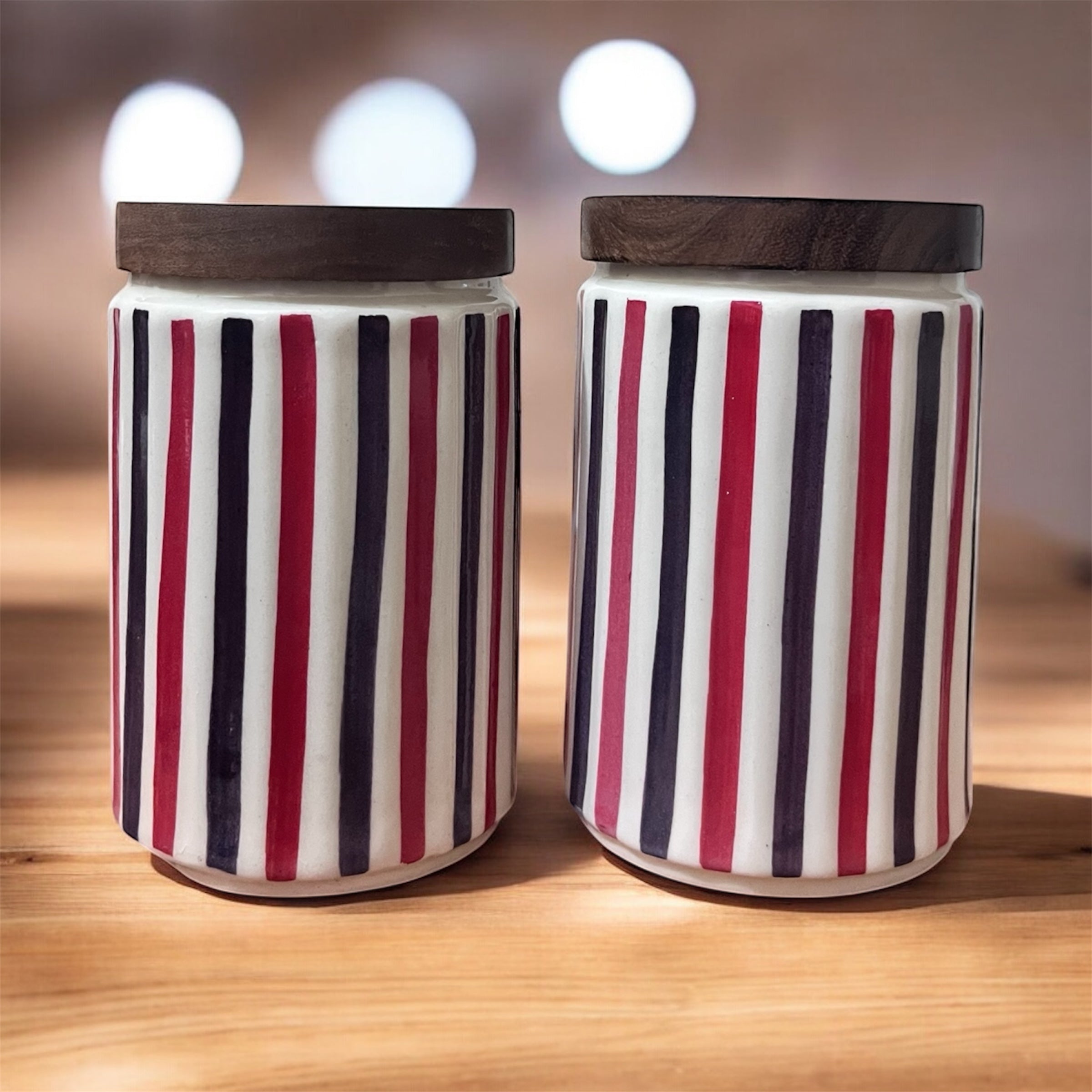Ceramic Jars | Airtight Wooden Lid | 720ML | Set of 2 | Line Print | Kitchen Storage