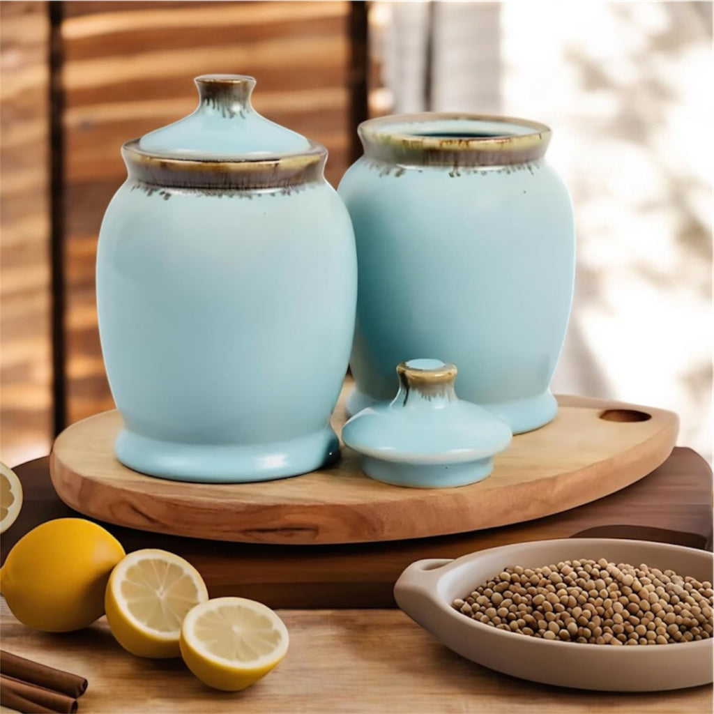 SOULCRAFTZ Exclusive Studio Pottery Ceramic Jar Barni Canister For Kitchen Storage Pickle Sugar Tea Pulses etc (1000ML, Set of 2) (Dual Glazed)