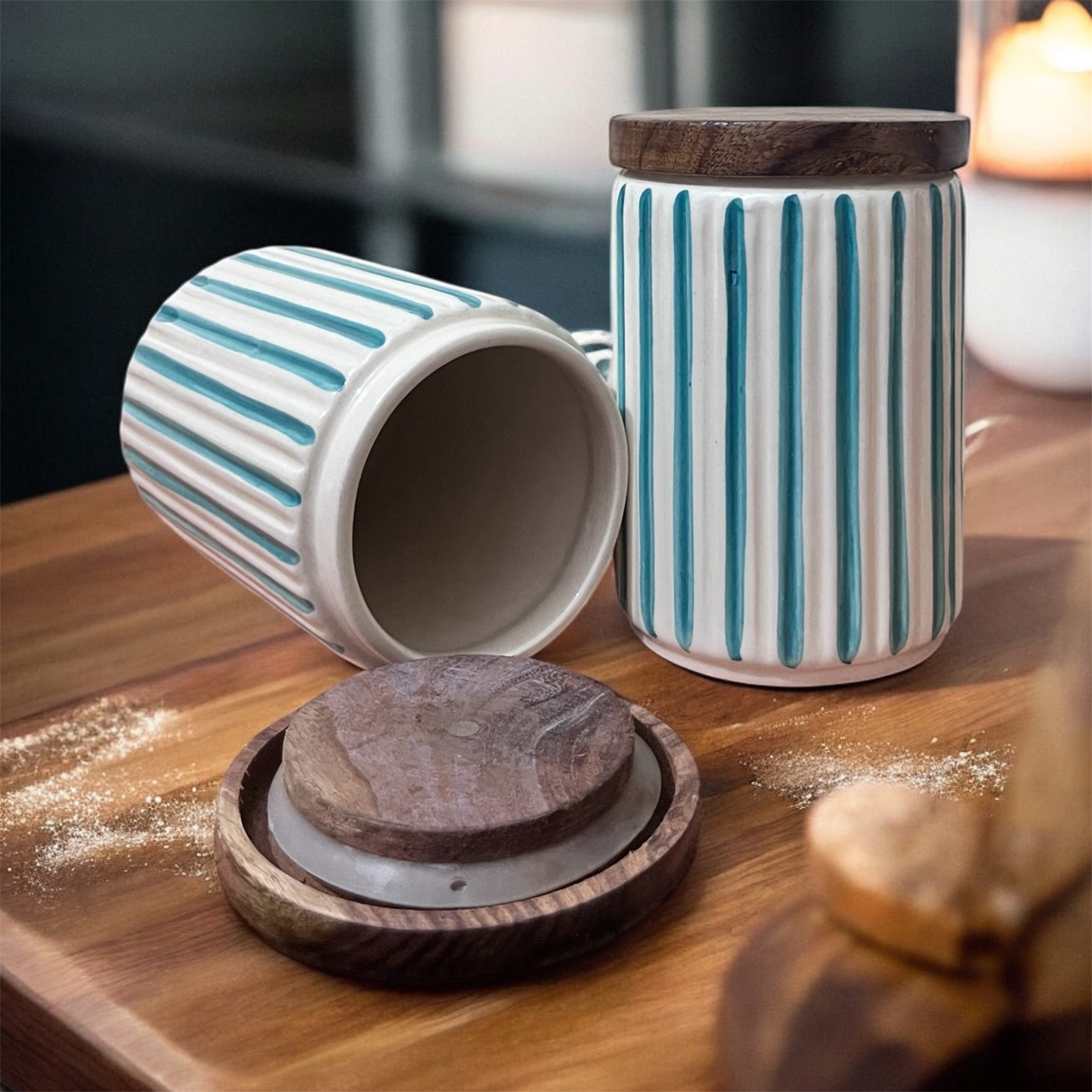 Ceramic Jars | Airtight Wooden Lid | 720ML | Set of 2 | Line Print | Kitchen Storage