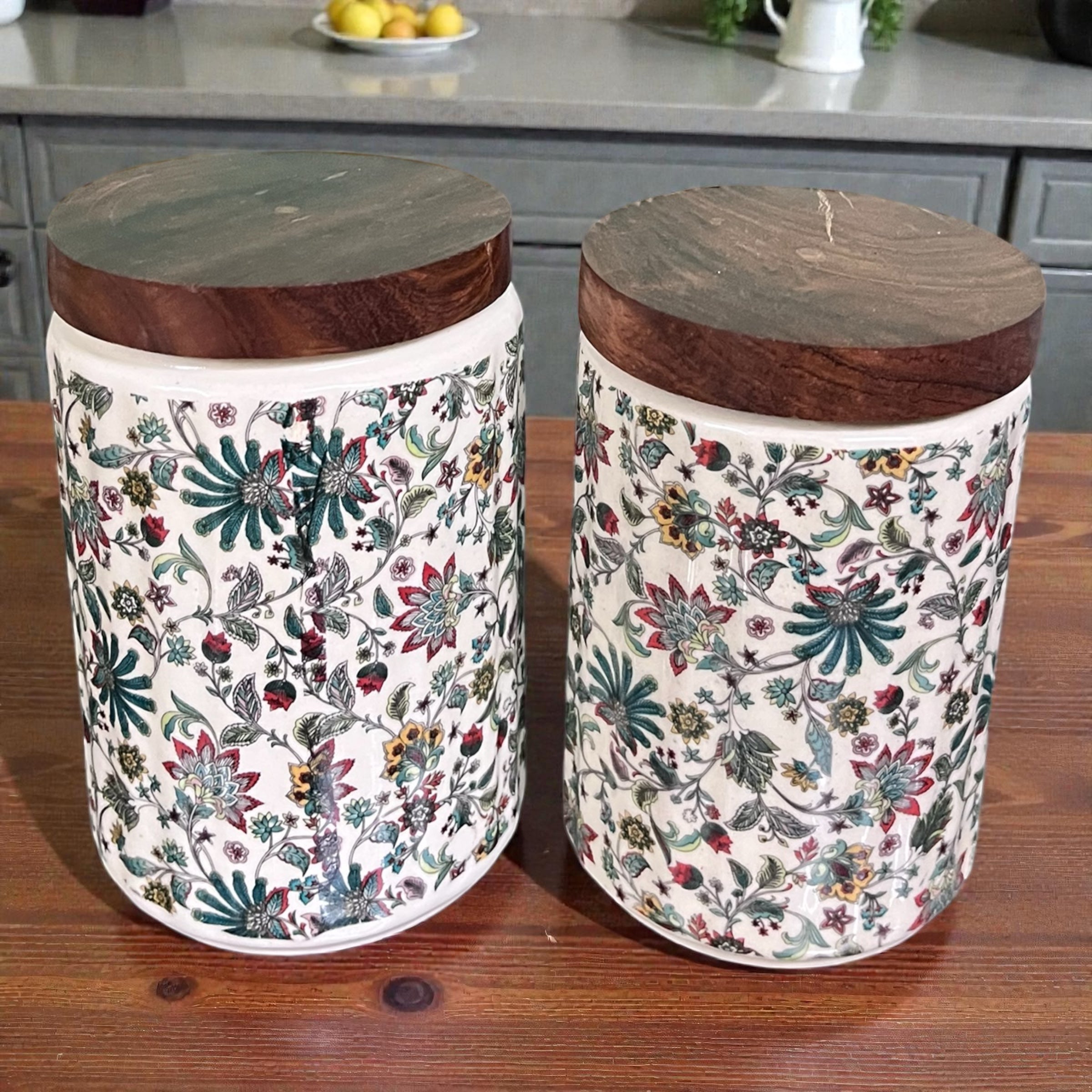 Ceramic Jars | Airtight Wooden Lid | 720ML | Set of 2 | Floral Print | Kitchen Storage