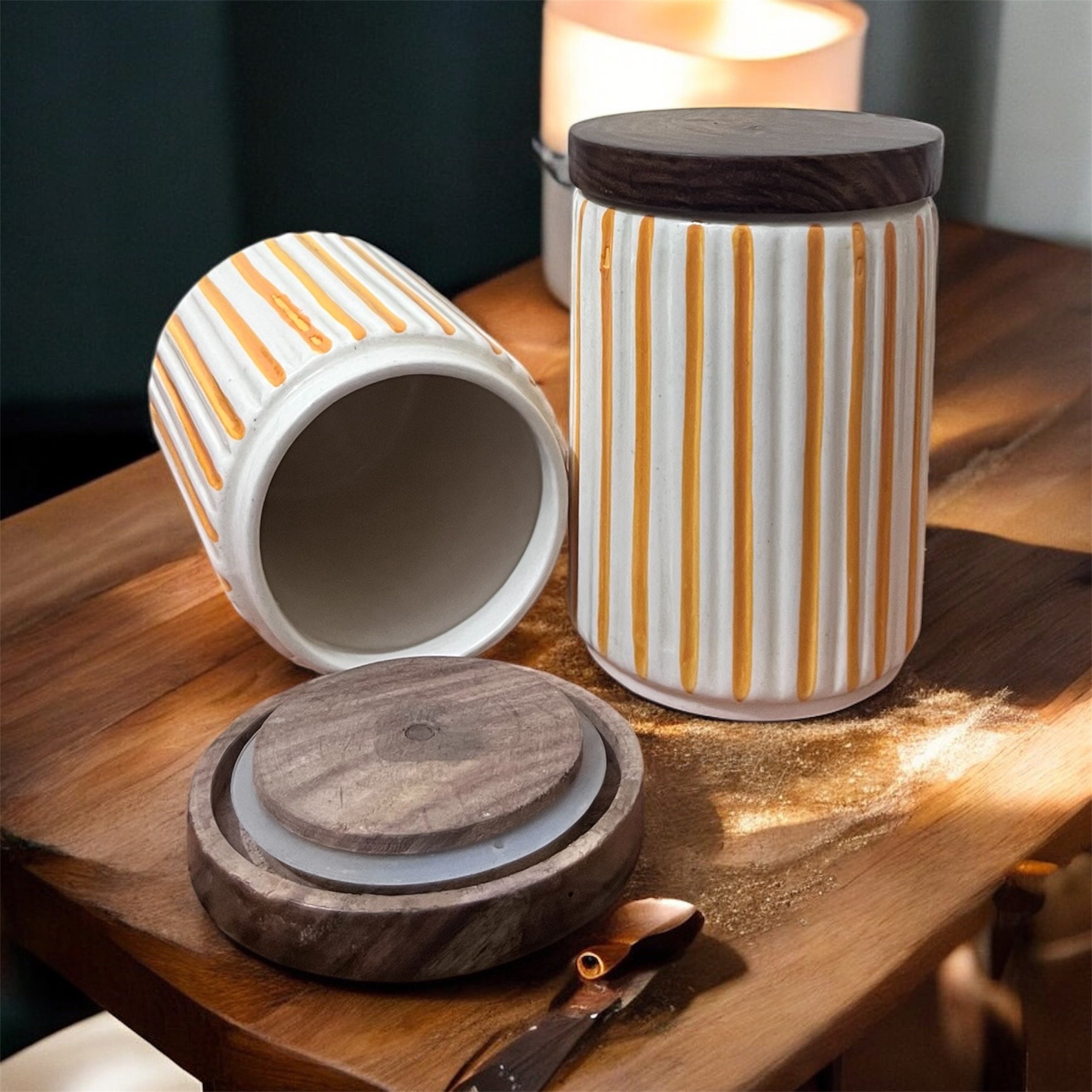 Ceramic Jars | Airtight Wooden Lid | 720ML | Set of 2 | Line Print | Kitchen Storage