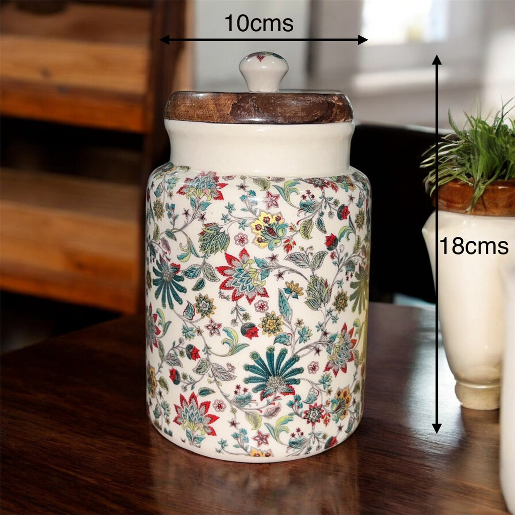 SOULCRAFTZ Handcrafted Ceramic Jars with Airtight Wooden Lid | Kitchen Storage | Multipurpose Barni | Pickle jar Storage Container | Dining Table Container | 900ML | Matte Finish | Floral Pattern| Set of 2