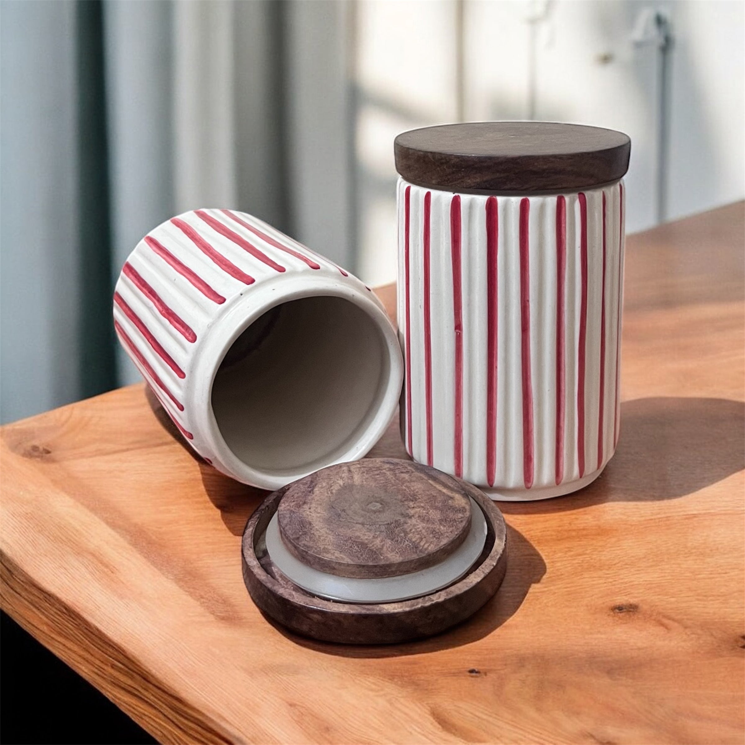 Ceramic Jars | Airtight Wooden Lid | 720ML | Set of 2 | Line Print | Kitchen Storage