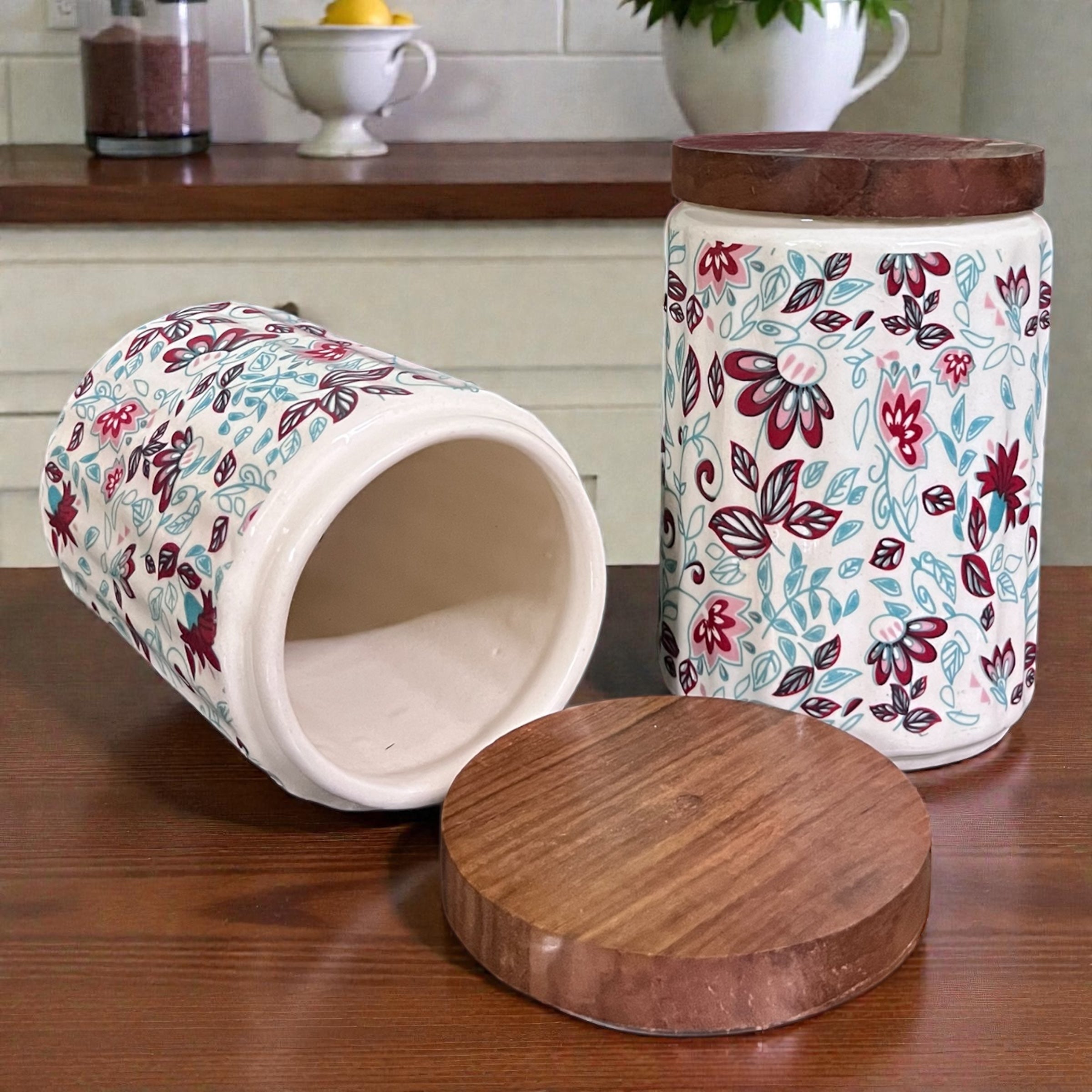 Ceramic Jars | Airtight Wooden Lid | 720ML | Set of 2 | Floral Print | Kitchen Storage