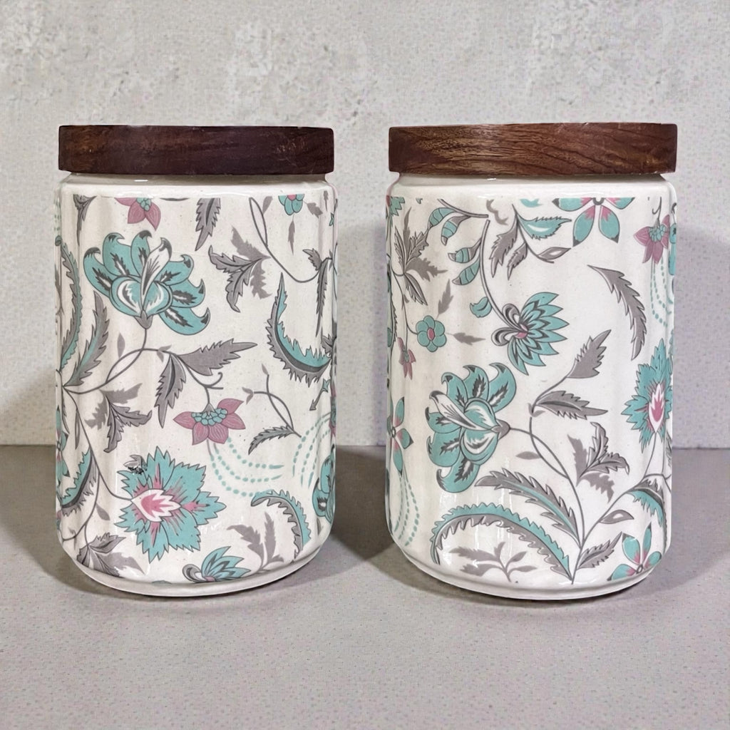 Ceramic Jars | Airtight Wooden Lid | 720ML | Set of 2 | Floral Print | Kitchen Storage