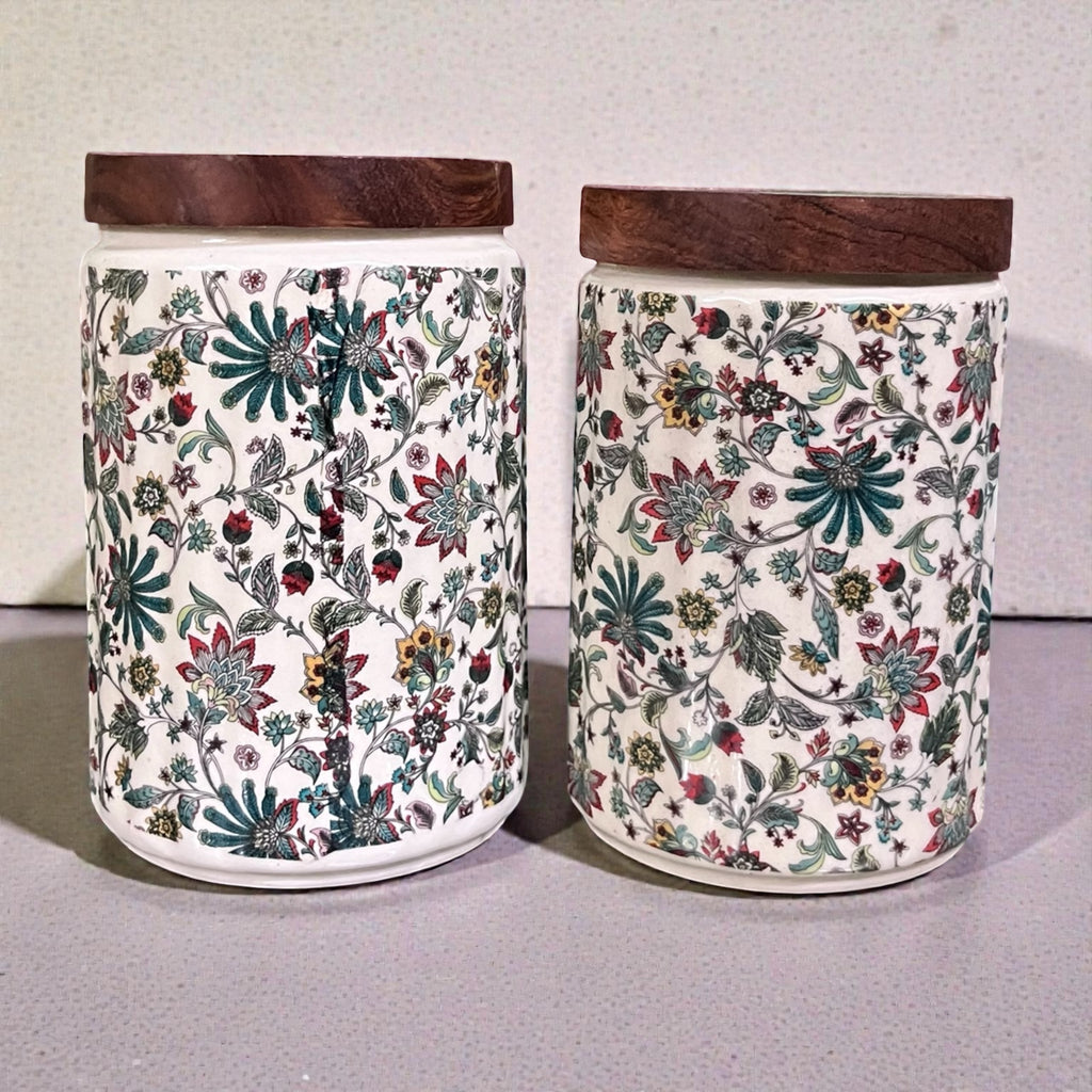 Ceramic Jars | Airtight Wooden Lid | 720ML | Set of 2 | Floral Print | Kitchen Storage