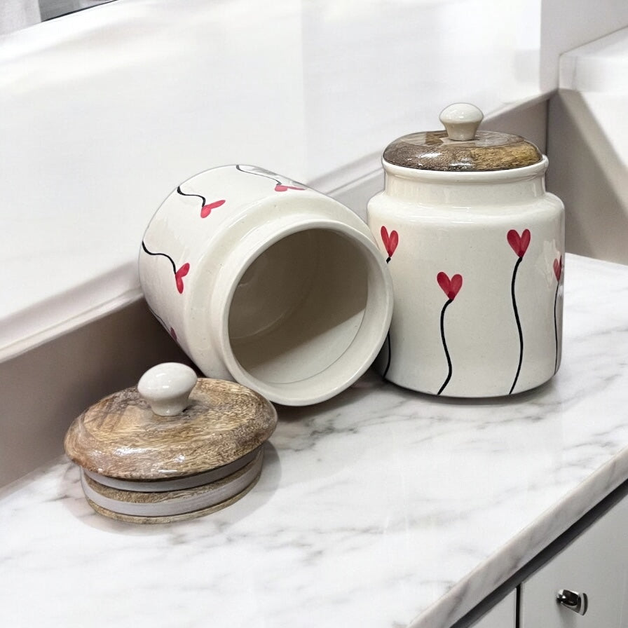 SOULCRAFTZ Handpainted Ceramic Jars with Airtight Wooden Lid | Kitchen Storage | Multipurpose Barni | Pickle jar Storage Container | Dining Table Container | 450ML | Set of 2
